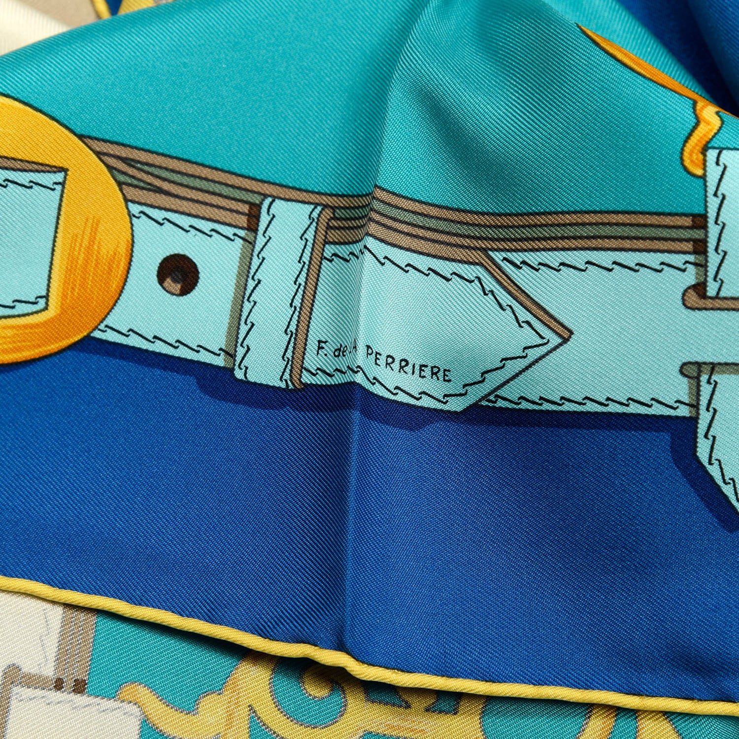 Hermes Silk Cuivreries Scarf 90 Turquoise Fonce Cobalt Jaune 5 of 5