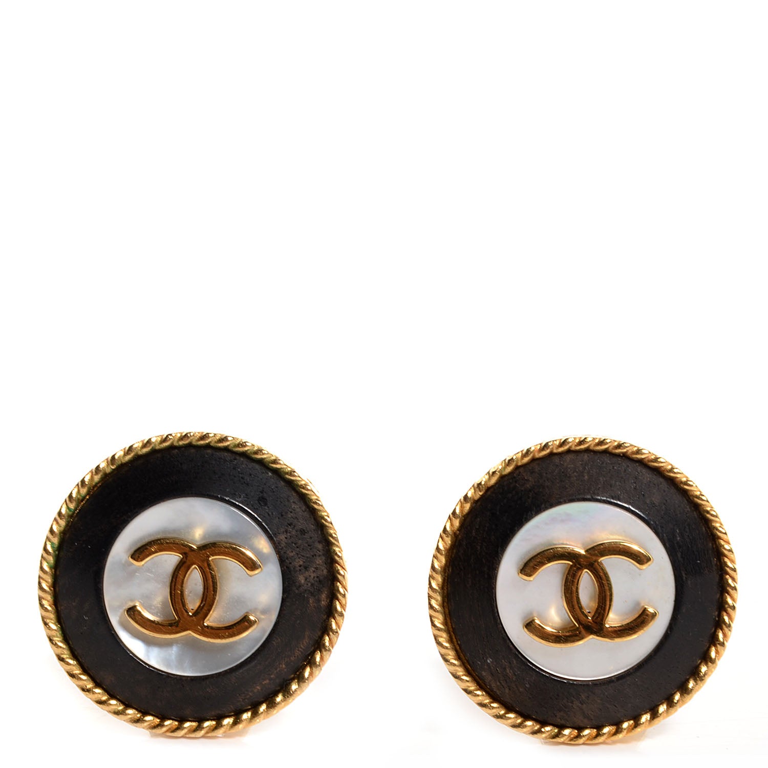 Chanel CC Mother of Pearl and Wood Clip On Earrings Gold 1 of 4