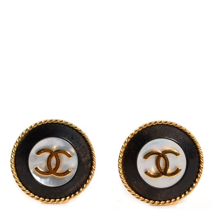 Chanel CC Mother of Pearl and Wood Clip On Earrings Gold 1 of 4