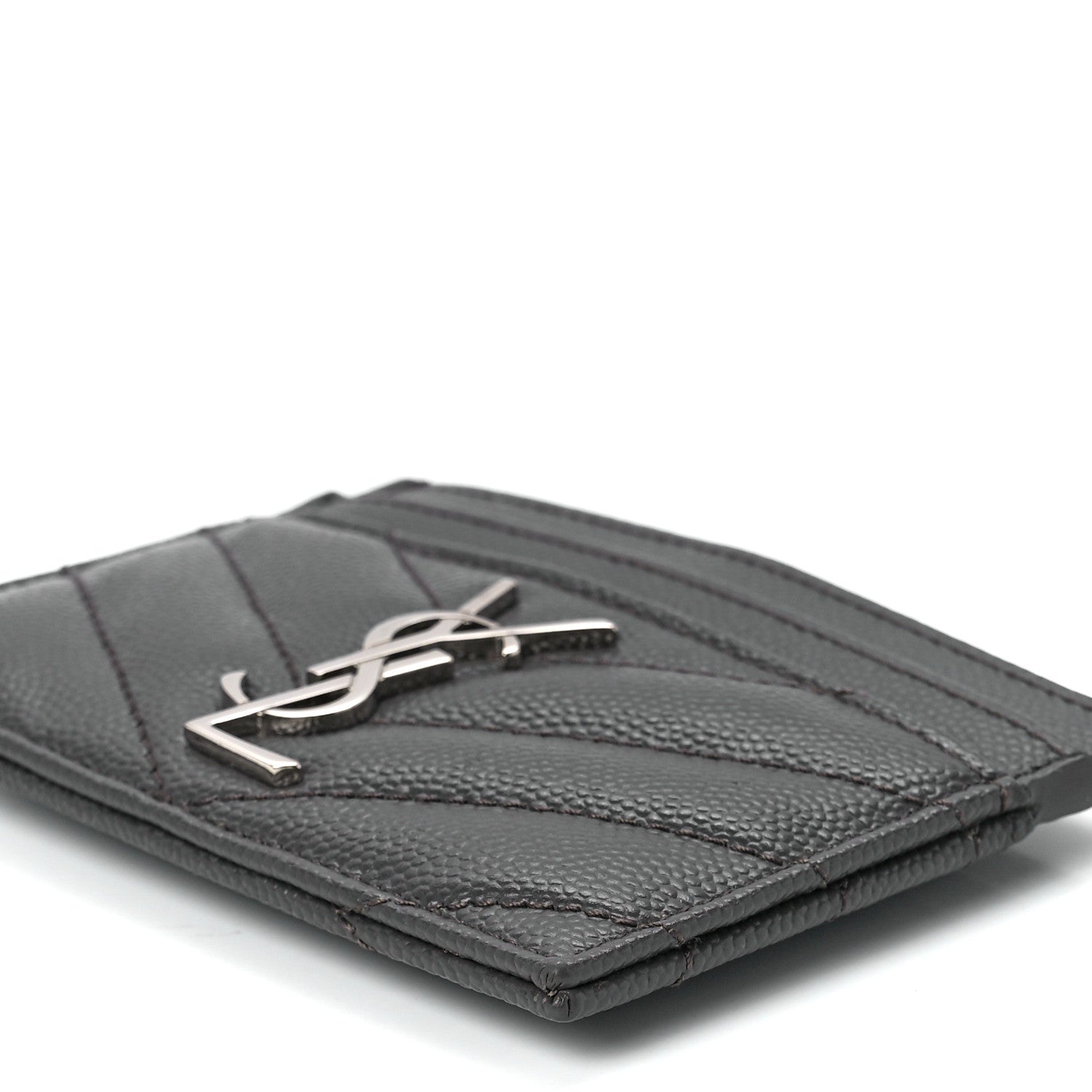 Saint Laurent Grain De Poudre Matelasse Chevron Monogram Credit Card Case Coal 11 of 11