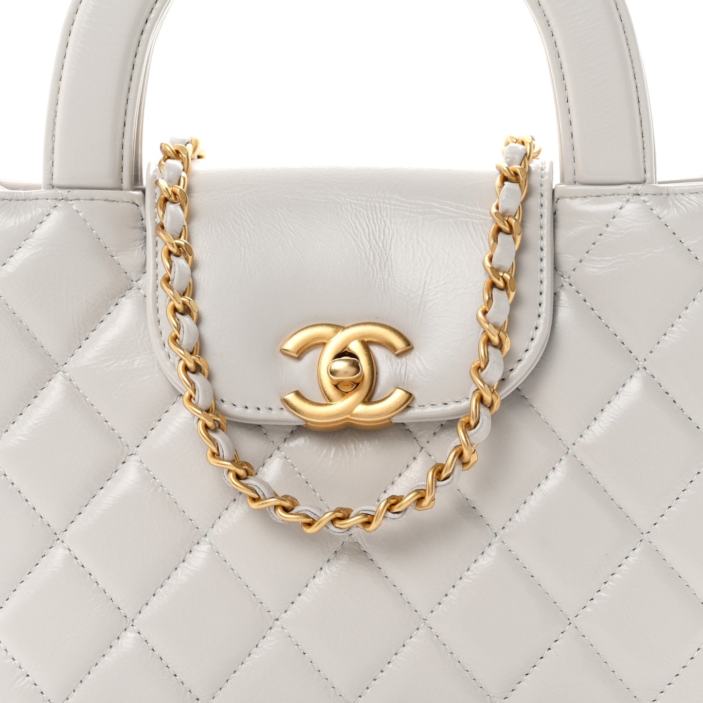 Shiny Aged Calfskin Quilted Nano Kelly Shopper Light Grey