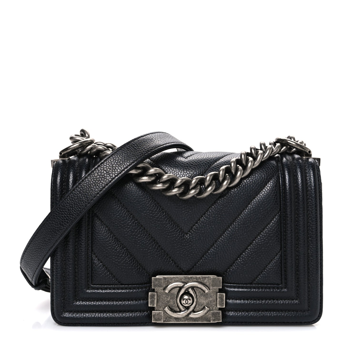 Caviar Chevron Quilted Small Boy Flap Black