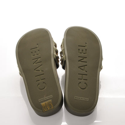 Chanel Lambskin Canvas Chain Flat Sandals 38 Khaki 5 of 8
