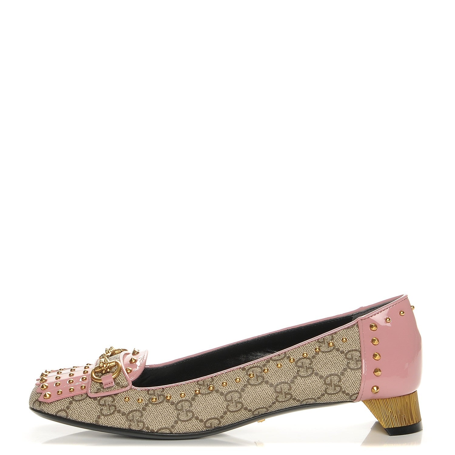 Gucci GG Supreme Monogram Patent Studded Fringe Loafer Pumps 38.5 Beige Ebony Carmine Rose 1 of 9