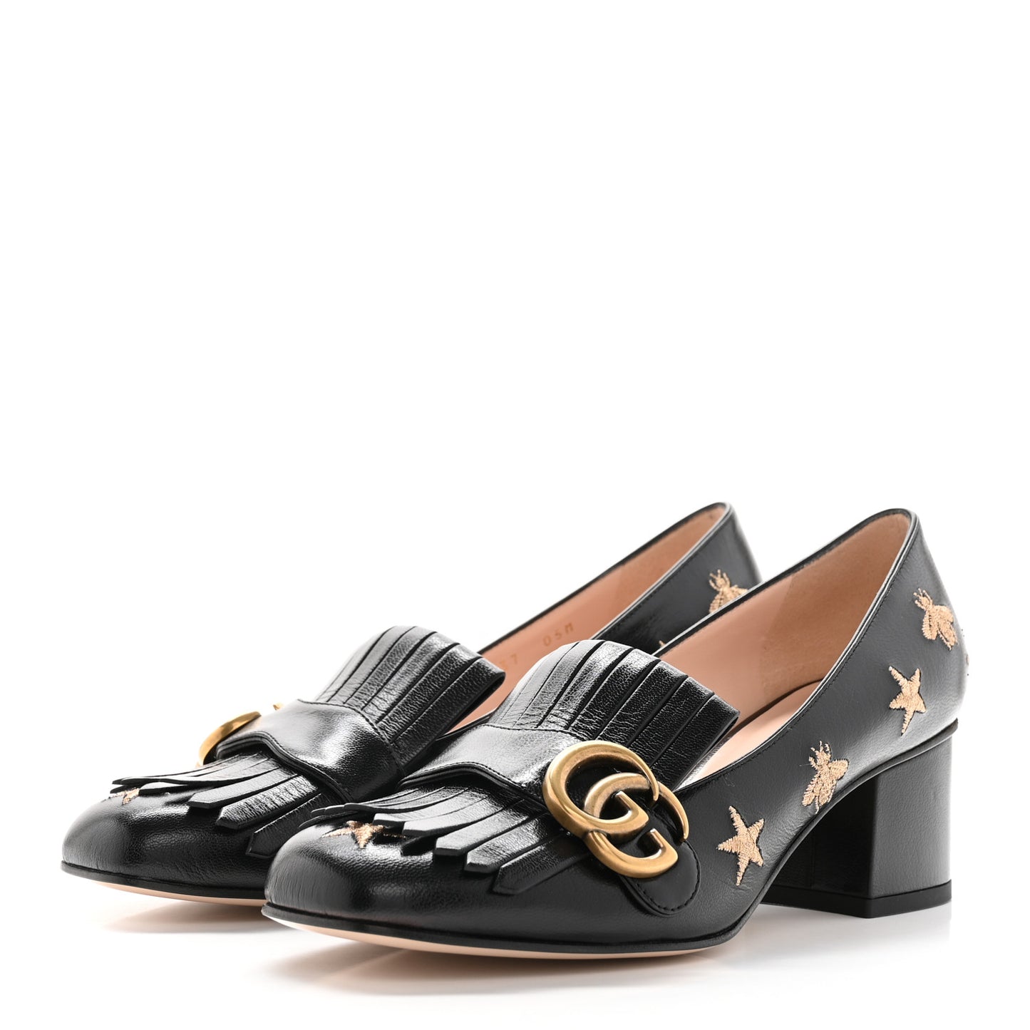 Quentin Goatskin Bee Star Embroidered GG Marmont Fringe 50mm Loafer Pumps 37 Black
