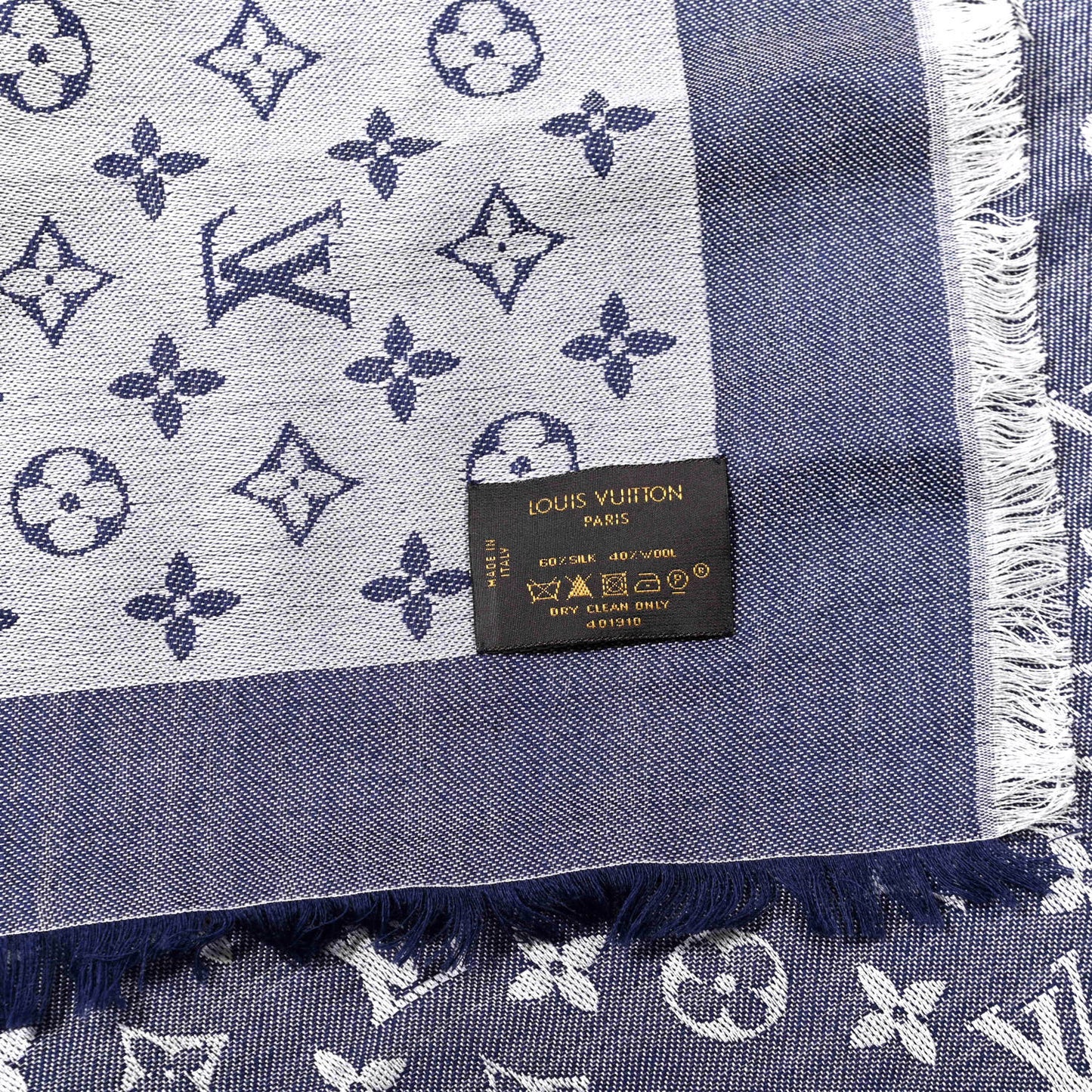 Silk Wool Monogram Denim Shawl Blue