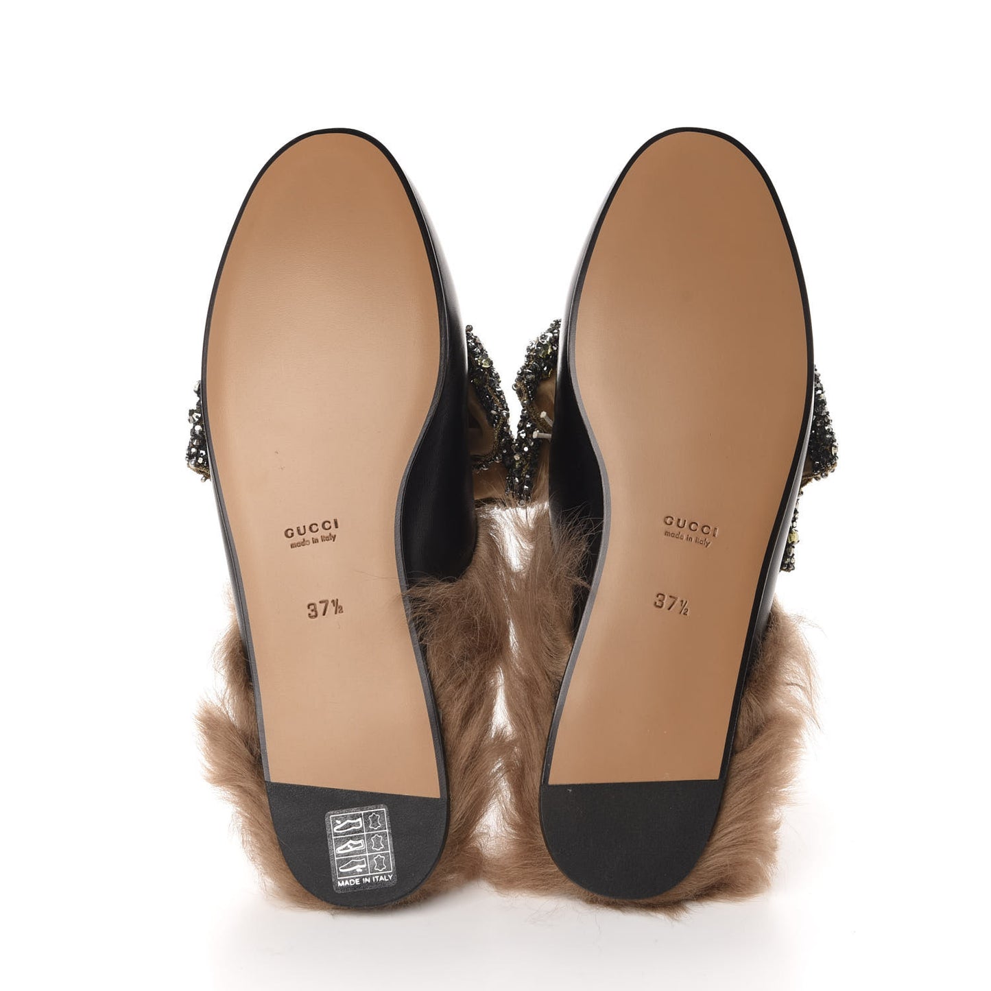 Malaga Kid Fur Crystal Bow Embroidered Womens Princetown Slippers 37.5 Black