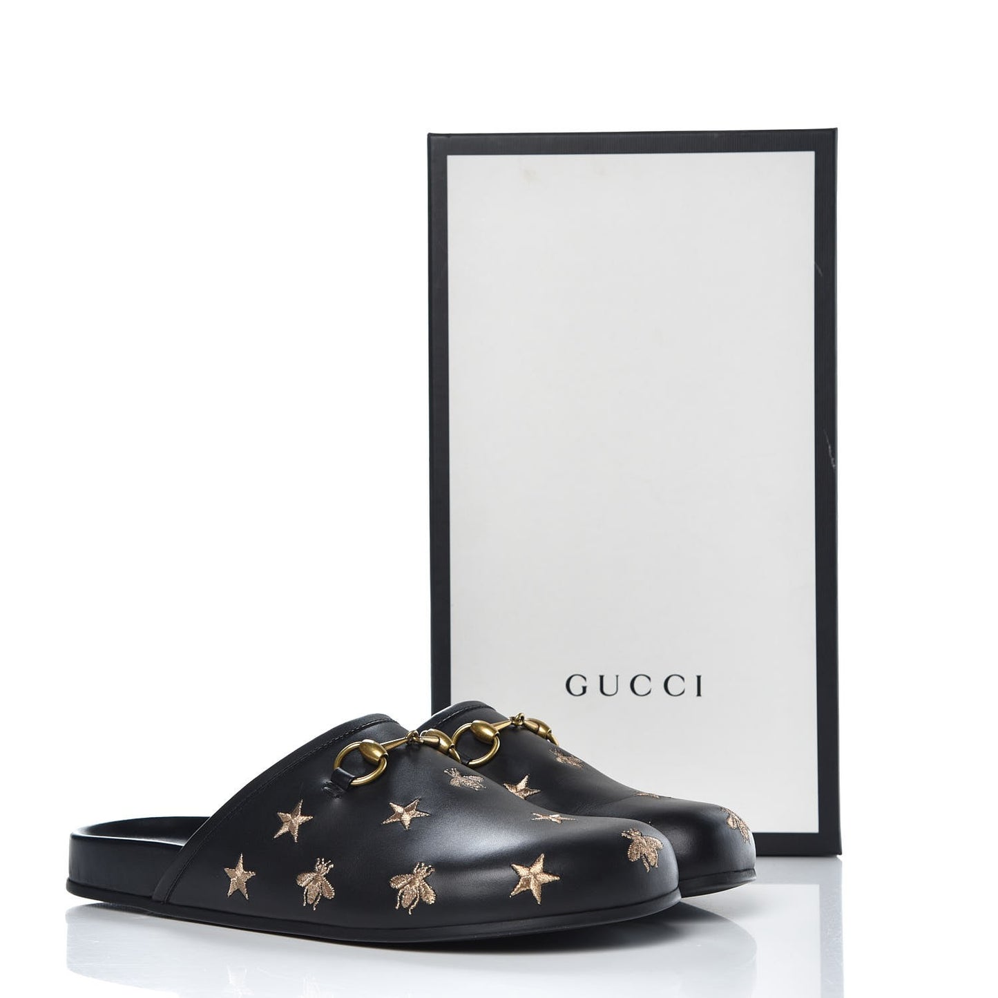 Calfskin Bee Star Embroidered Mens Horsebit River Slippers 9 Black