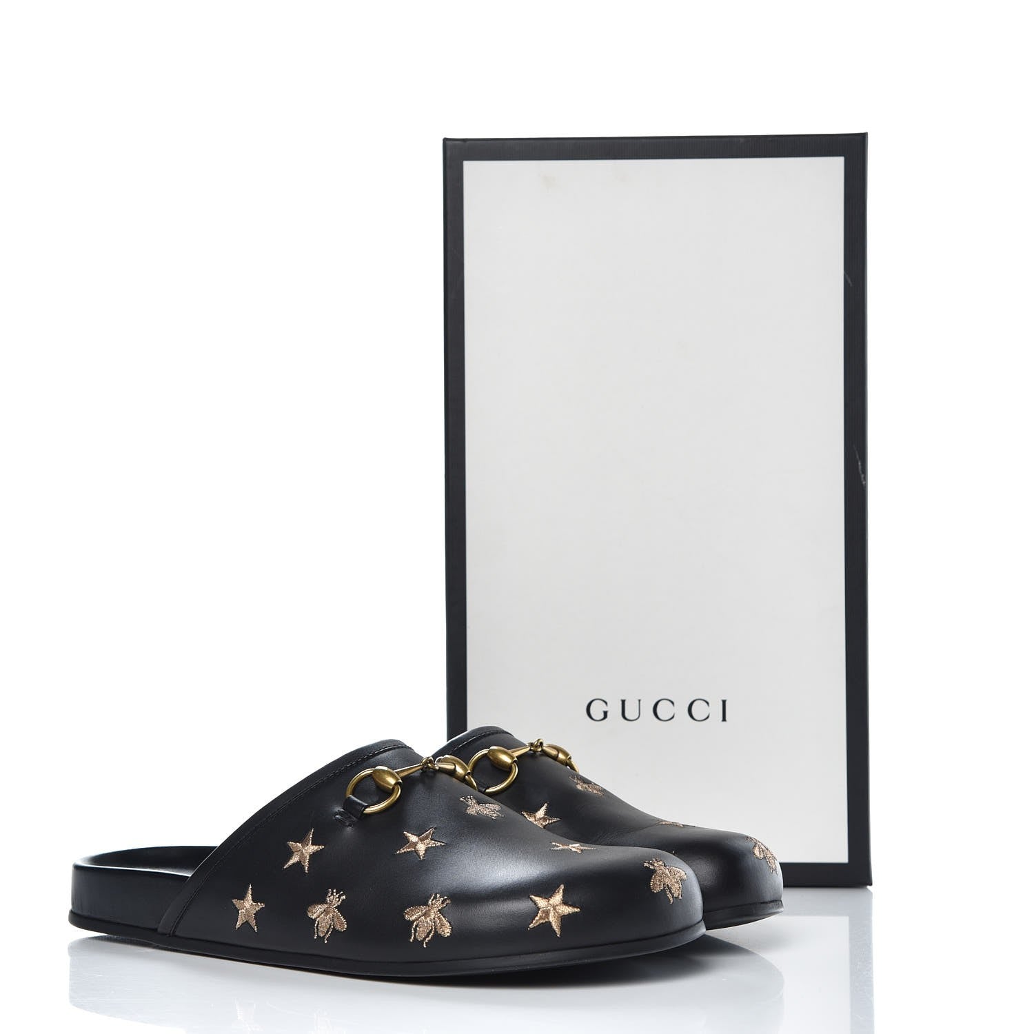 Gucci Calfskin Bee Star Embroidered Mens Horsebit River Slippers 9 Black 9 of 9