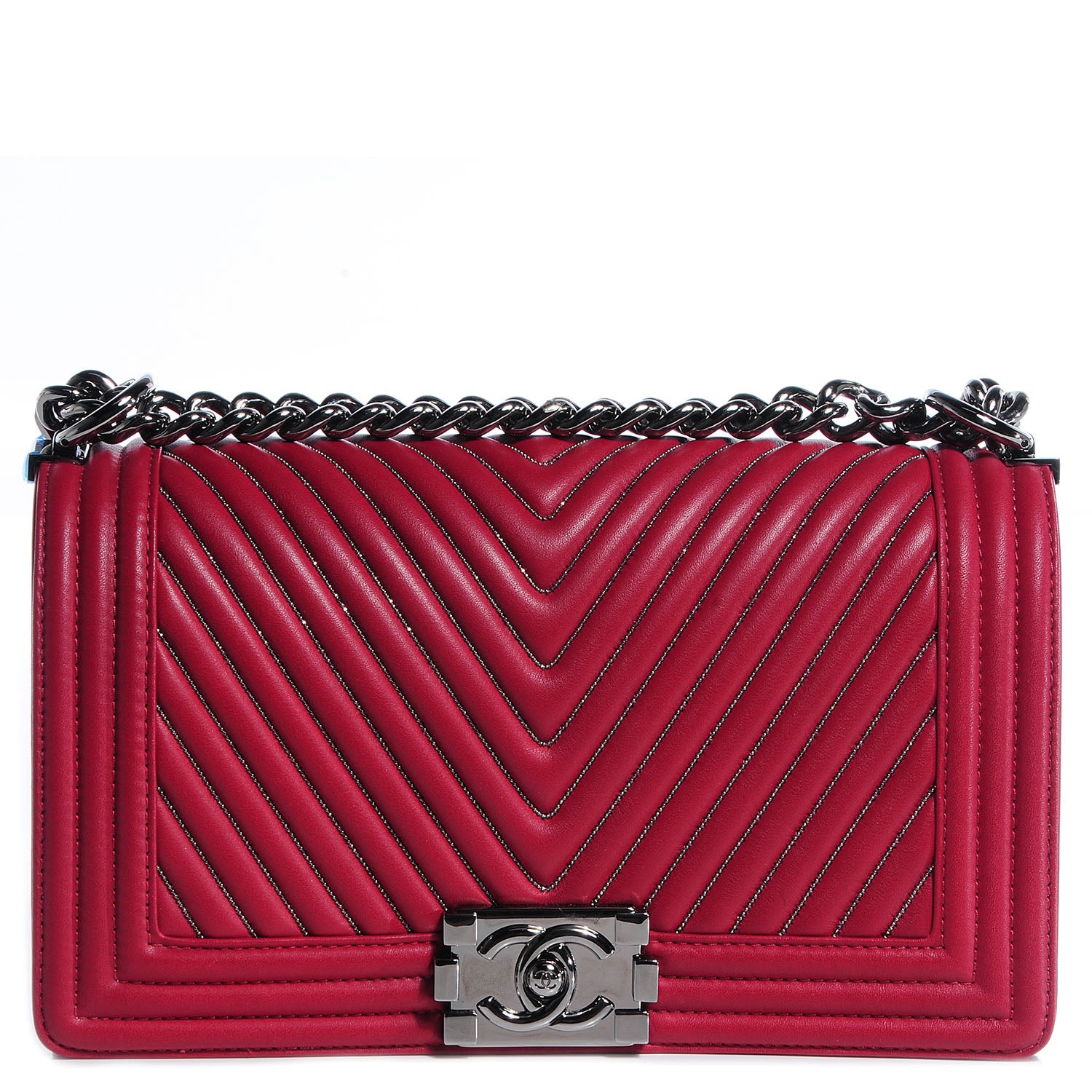 Chanel Calfskin Chain Chevron Medium Boy Flap Red 1 of 8