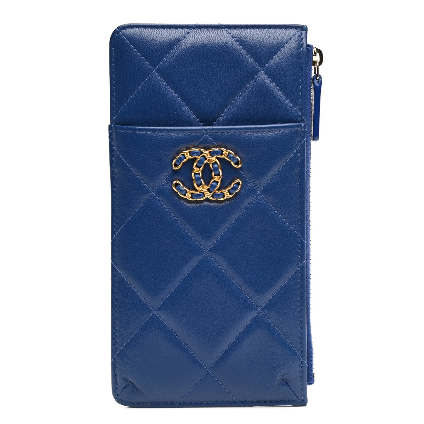 Shiny Goatskin Quilted Chanel 19 Flat Wallet Pouch Blue