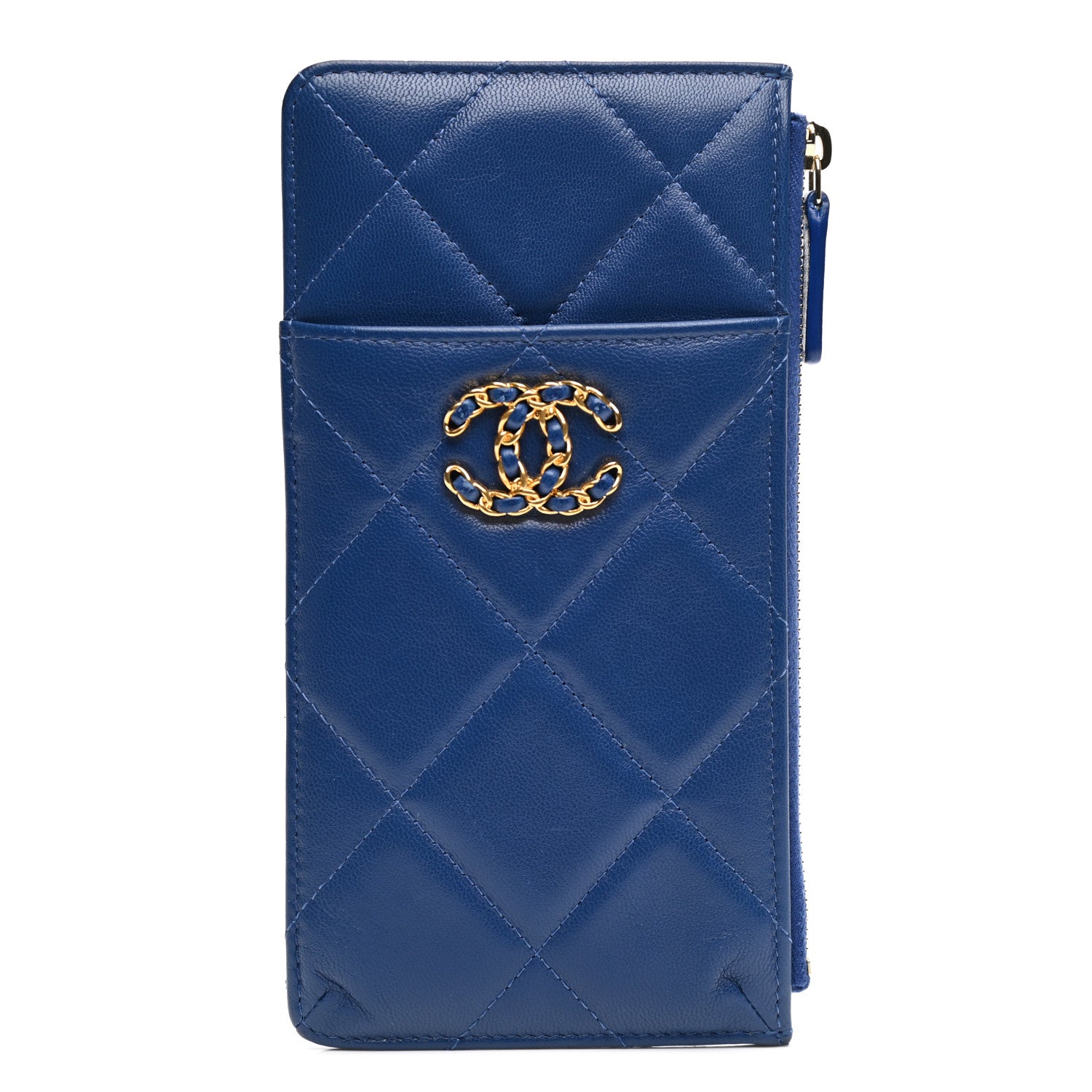 Chanel Shiny Goatskin Quilted Chanel 19 Flat Wallet Pouch Blue 1 of 8
