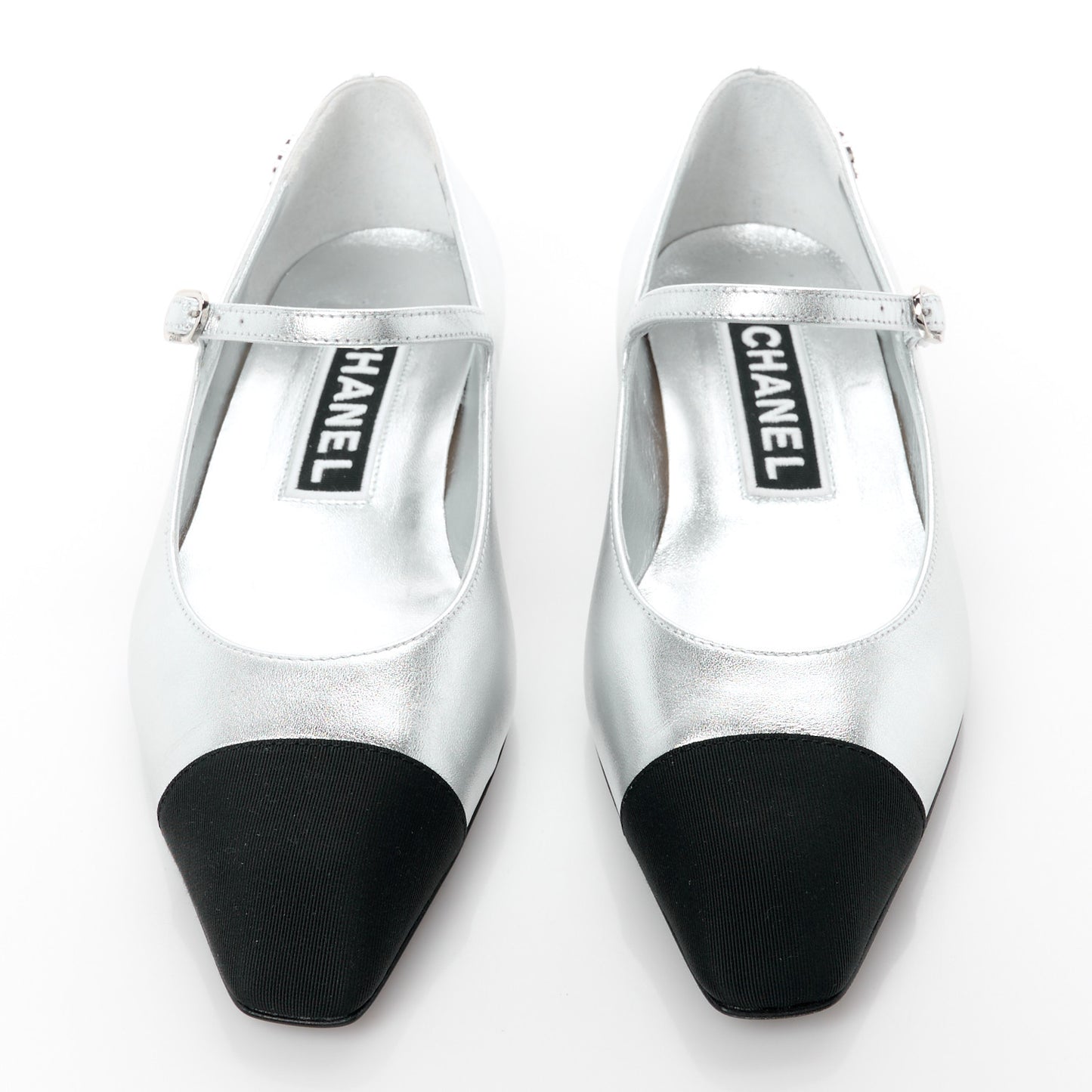 Calfskin Patent Mary Janes Flats 36 Silver Black