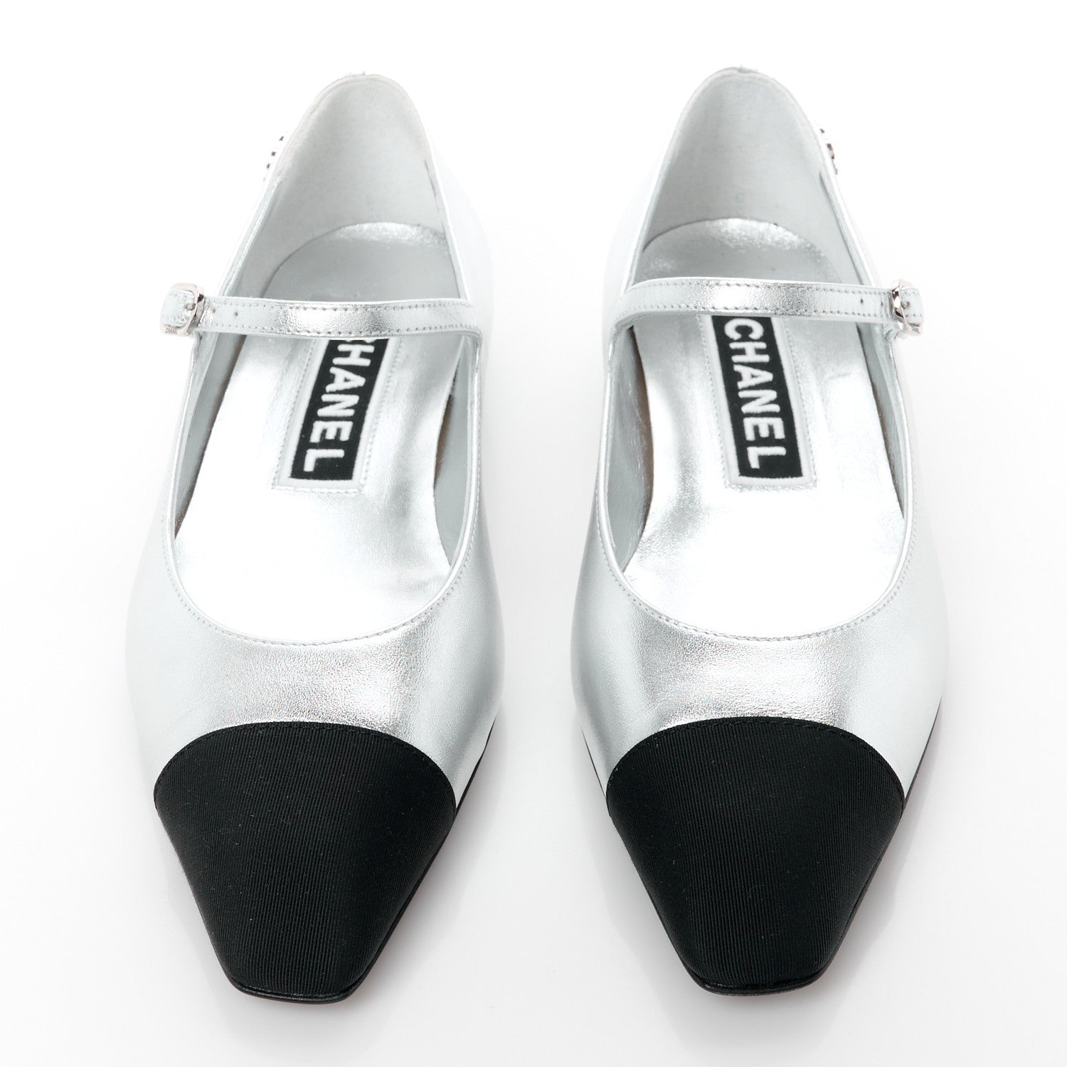 Chanel Calfskin Patent Mary Janes Flats 36 Silver Black 2 of 10
