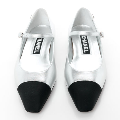 Chanel Calfskin Patent Mary Janes Flats 36 Silver Black 2 of 10