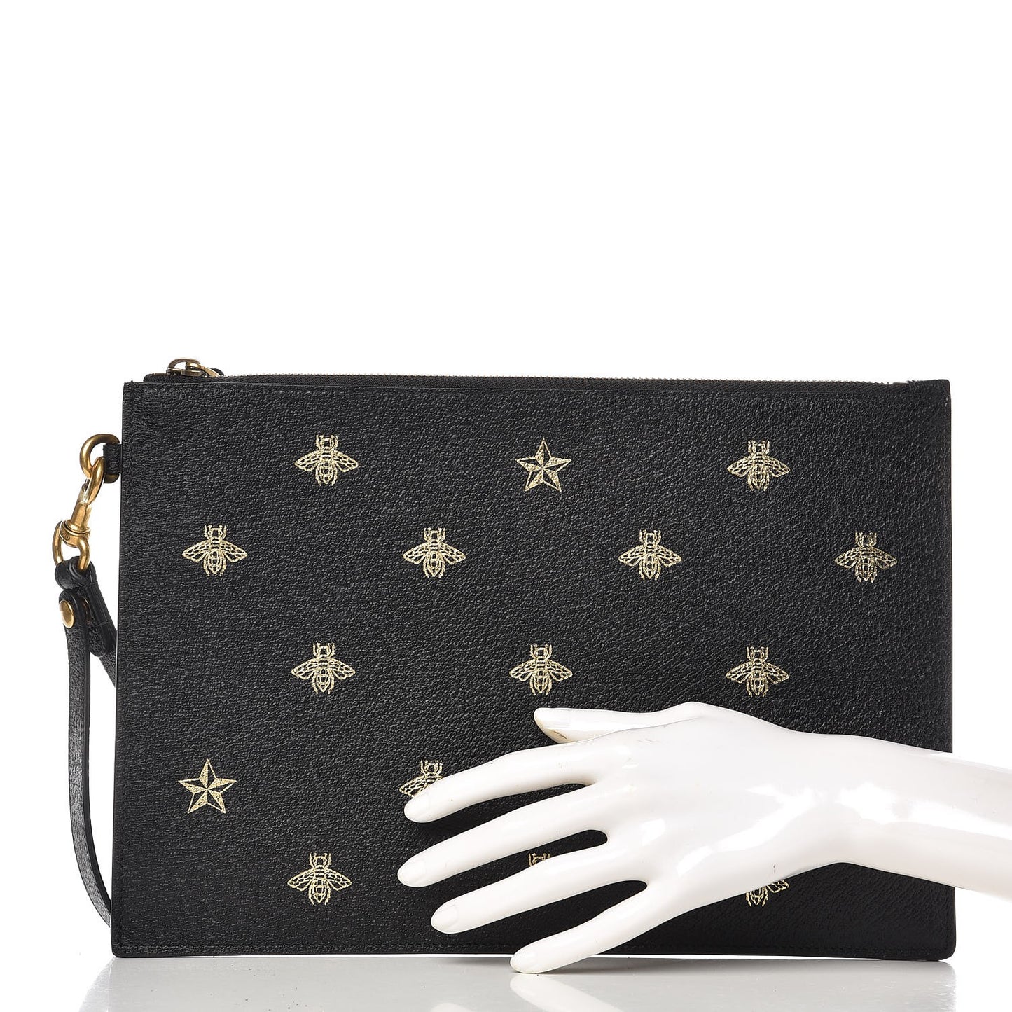 Dollar Calfskin Boar Effect Bee Star Zip Wristlet Pouch Black
