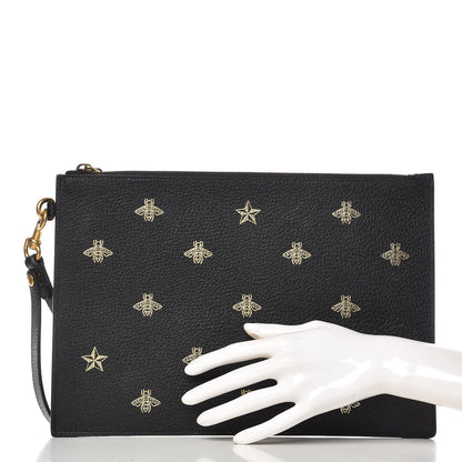 Gucci Dollar Calfskin Boar Effect Bee Star Zip Wristlet Pouch Black 2 of 7