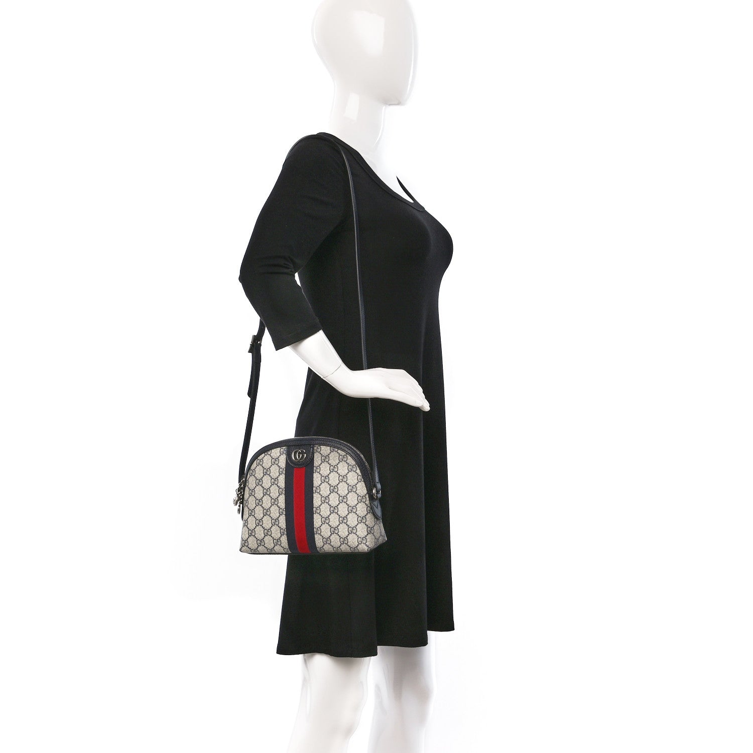 Gucci GG Supreme Monogram Textured Dollar Calfskin Web Small Ophidia Dome Shoulder Bag Beige Blue 2 of 8