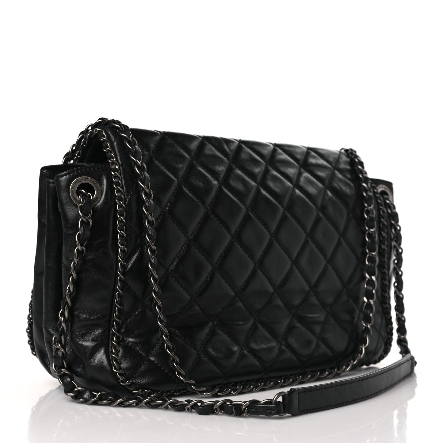 Glazed Calfskin Quilted Large CC Enchained Accordion Flap Black