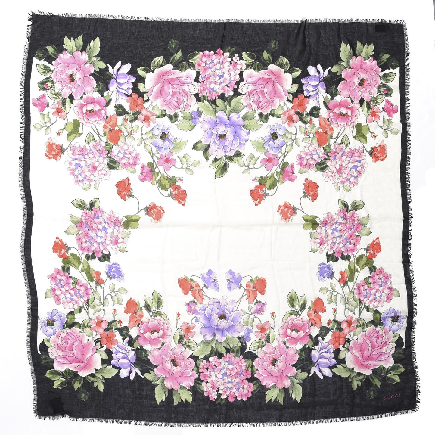 Wool Silk Rising Flowers Square Shawl White