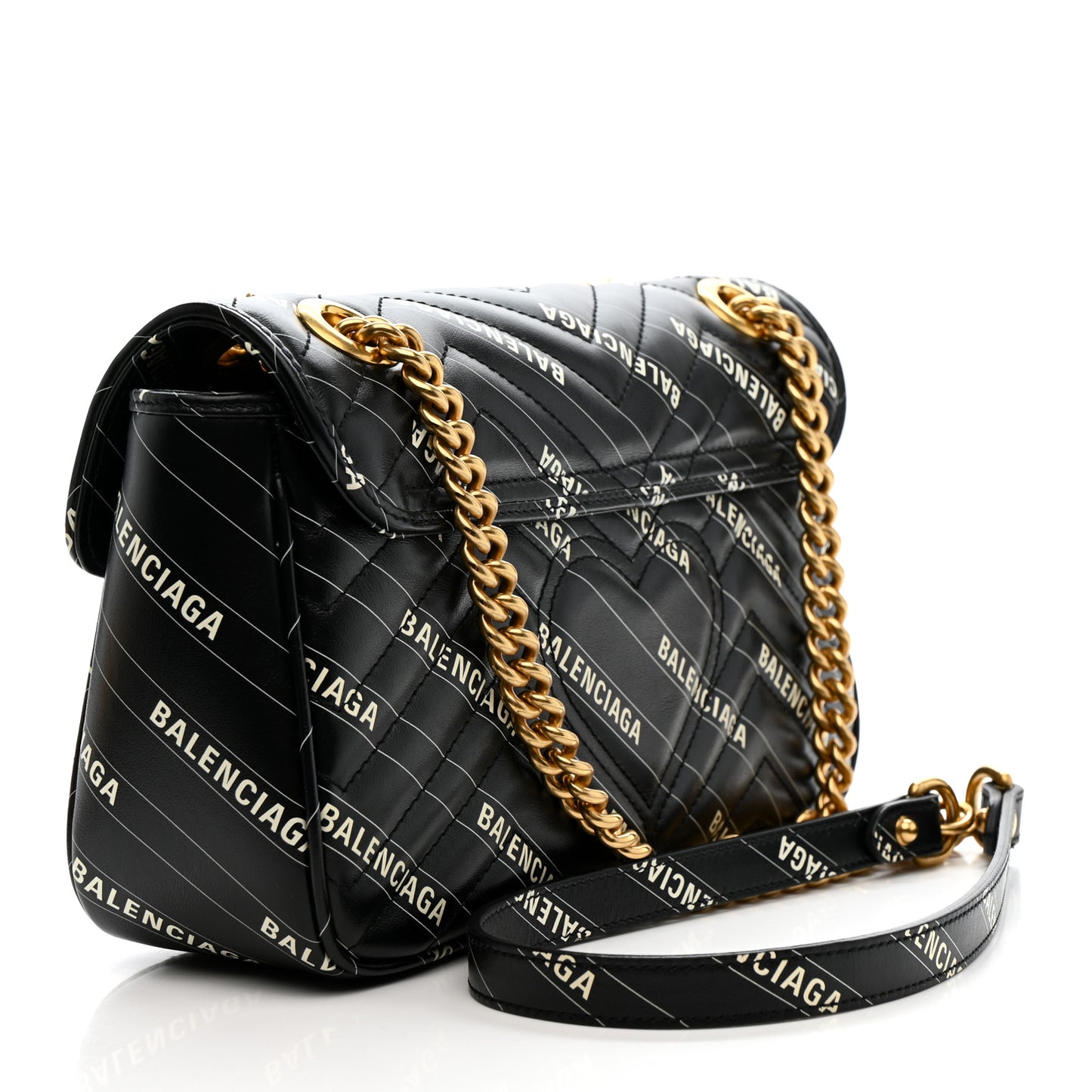 X BALENCIAGA Calfskin Matelasse Logo Print Small GG Marmont Shoulder Bag Black