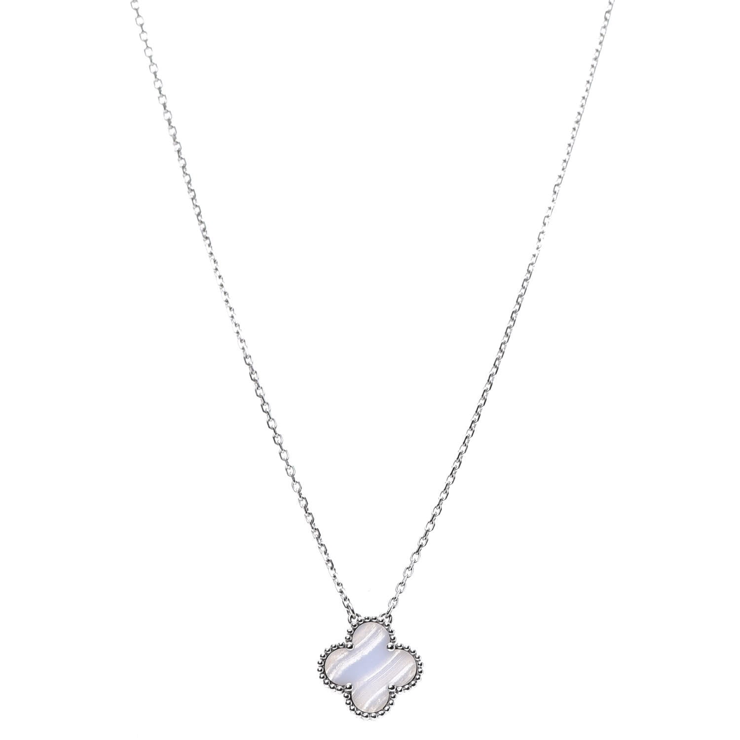 Van Cleef & Arpels 18K White Gold Chalcedony Vintage Alhambra Pendant Necklace 1 of 7
