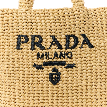 Prada Yarn Raffia Effect Crochet Embroidered Small Logo Tote Naturale 9 of 12