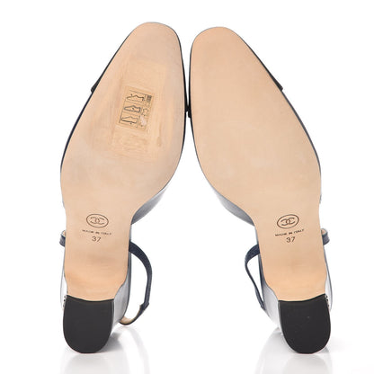 Chanel Lambskin Grosgrain Cap Toe CC Slingback Sandals 37 Navy Black 5 of 9