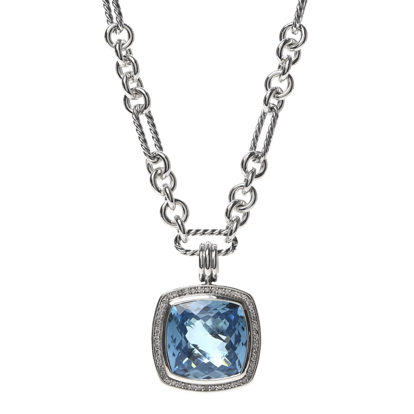 Sterling Silver 18K Yellow Gold Diamond Blue Topaz 20mm Albion Figaro Chain Pendant Necklace