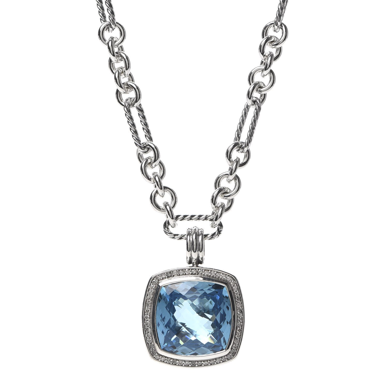David Yurman Sterling Silver 18K Yellow Gold Diamond Blue Topaz 20mm Albion Figaro Chain Pendant Necklace 1 of 5