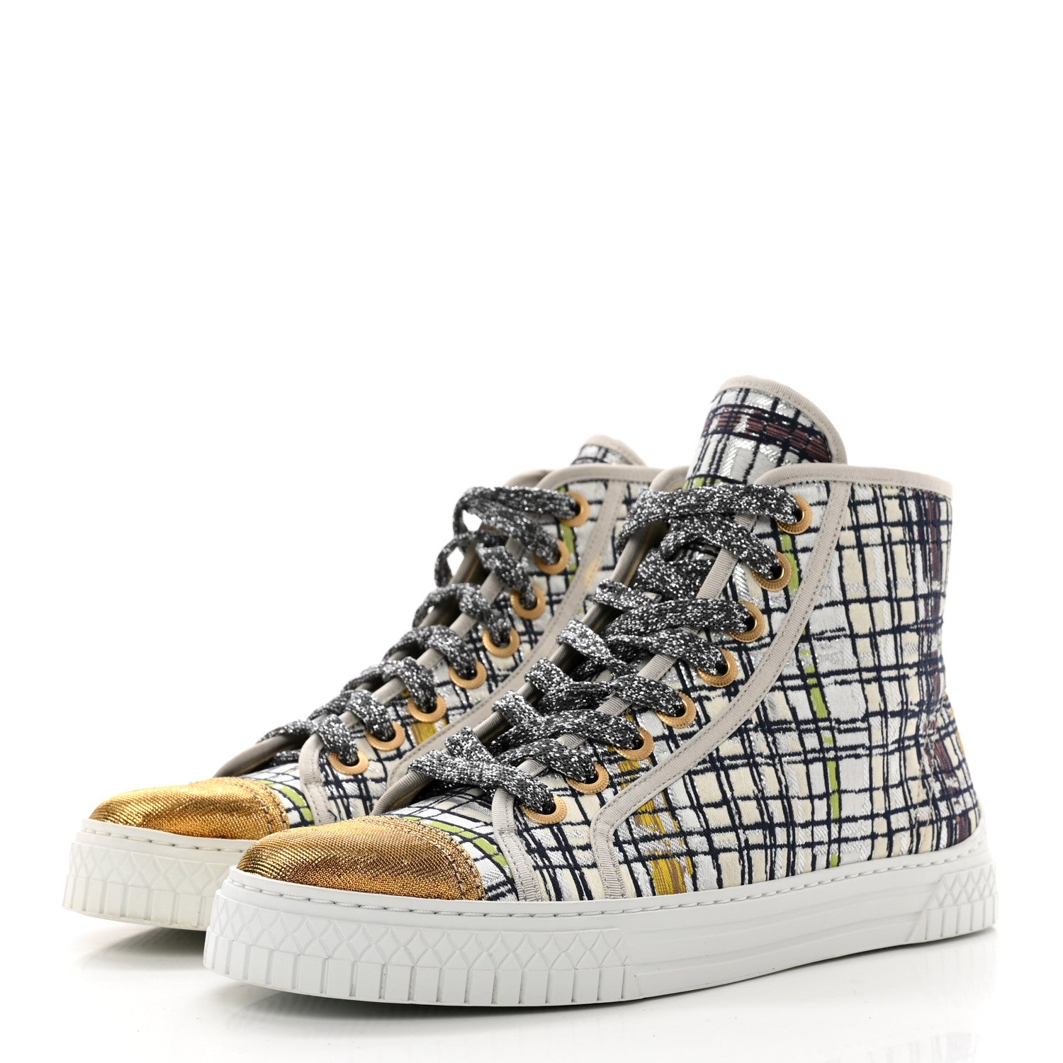 Chanel Metallic Tweed High Top Sneakers 36 Ecru Black Yellow Gold 3 of 8