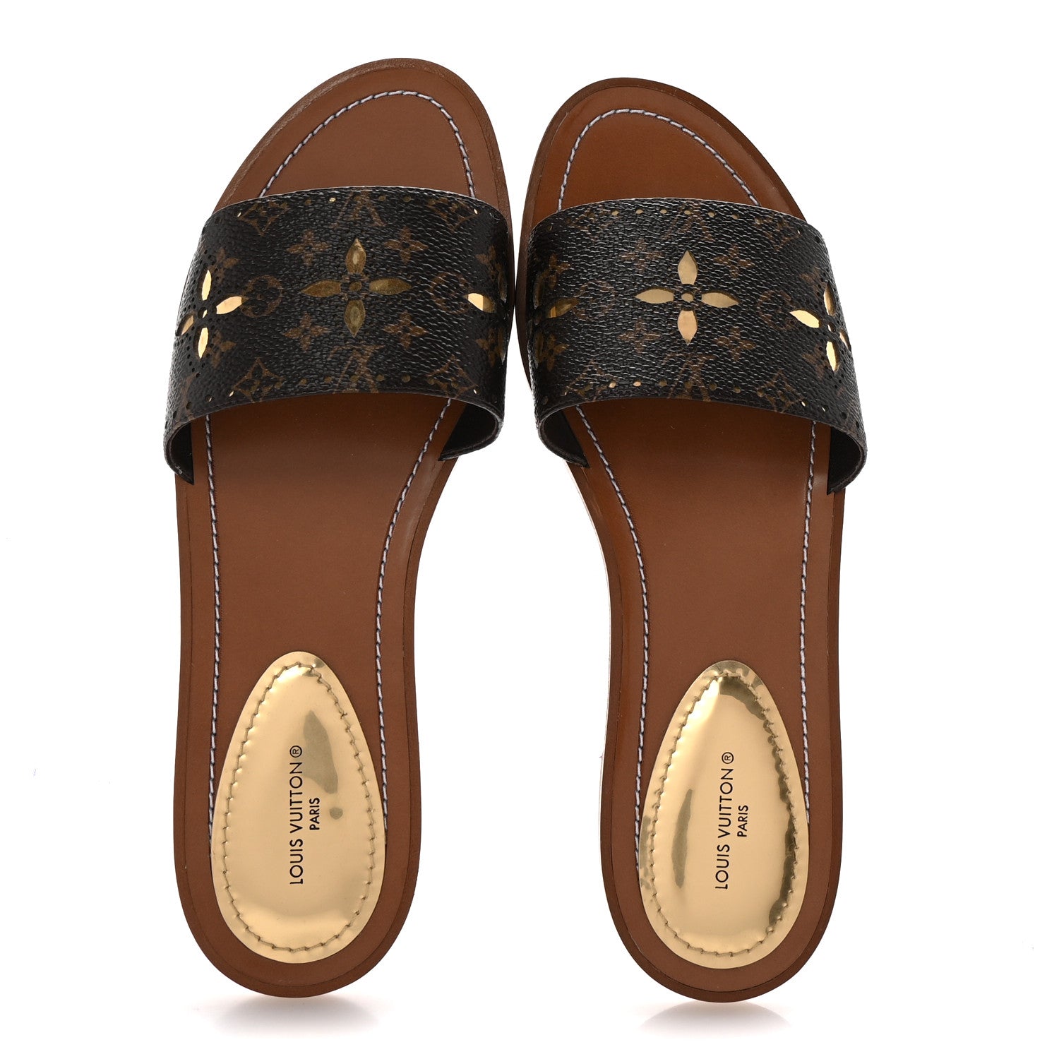 Louis Vuitton Calfskin Perforated Monogram Silhouette Flat Sandals 39 Gold 2 of 9