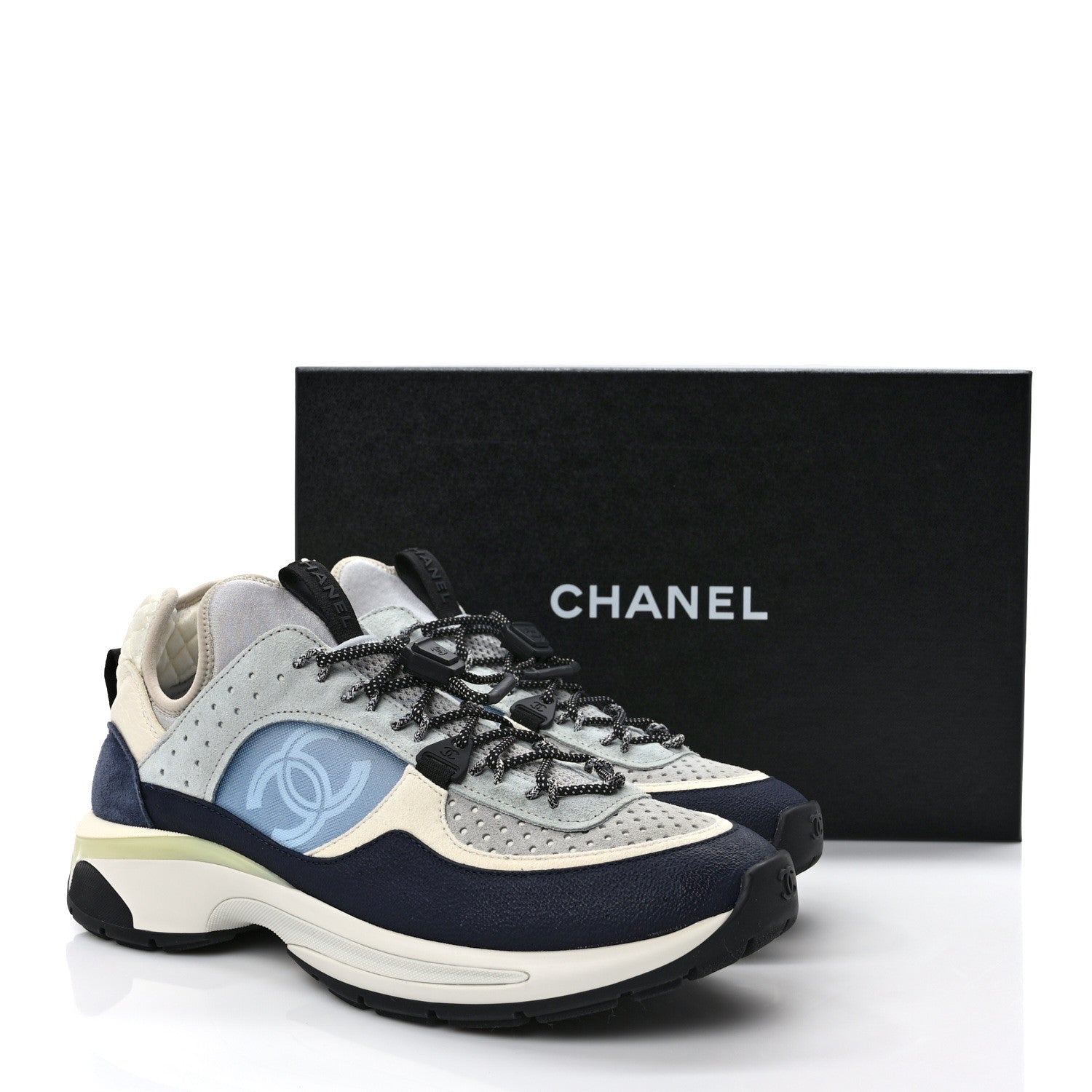 Chanel Fabric Suede Calfskin Mesh Womens CC Sneakers 39.5 Black Blue Ivory 9 of 9