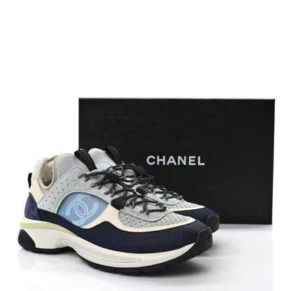 Chanel Fabric Suede Calfskin Mesh Womens CC Sneakers 39.5 Black Blue Ivory 9 of 9
