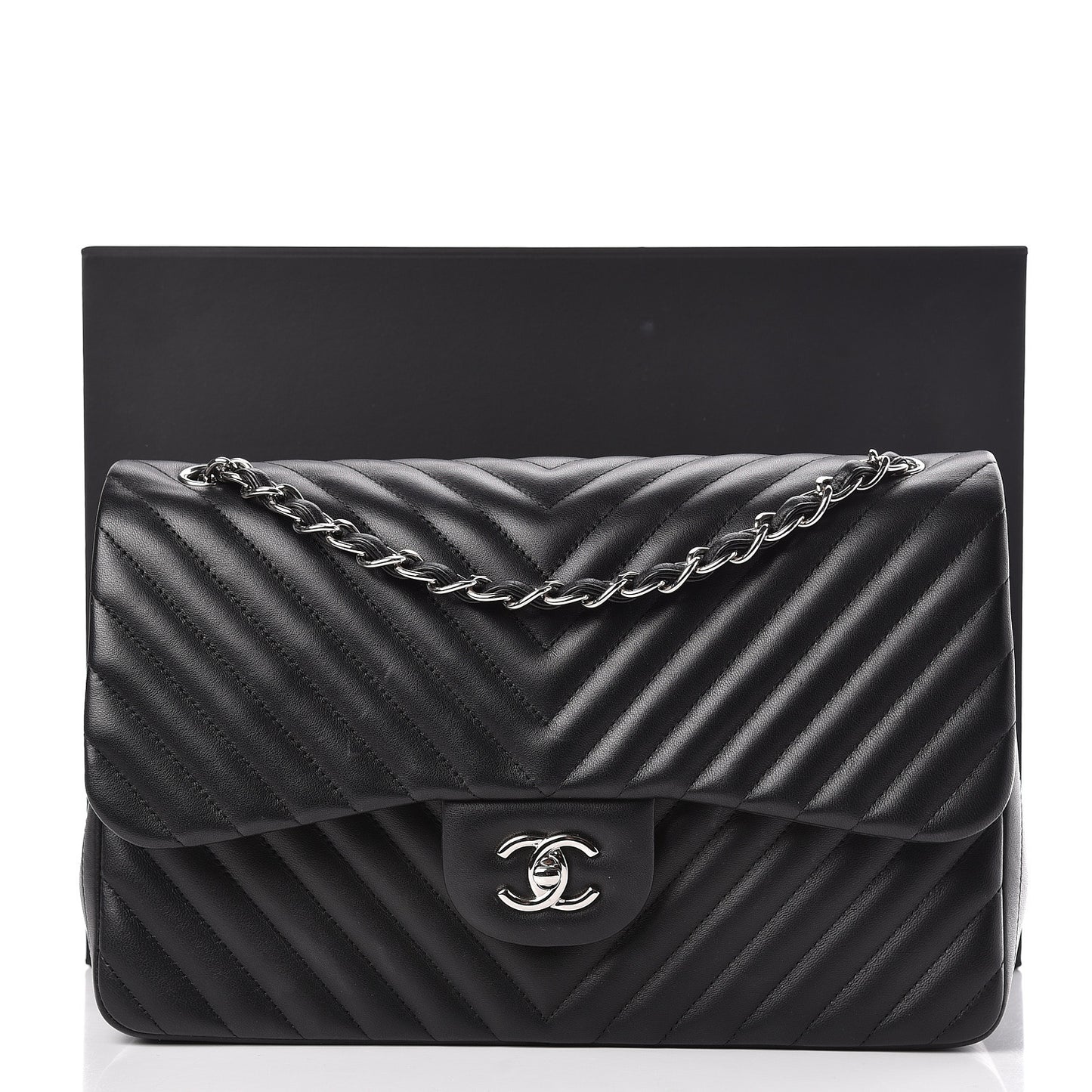 Lambskin Chevron Quilted Jumbo Double Flap Black