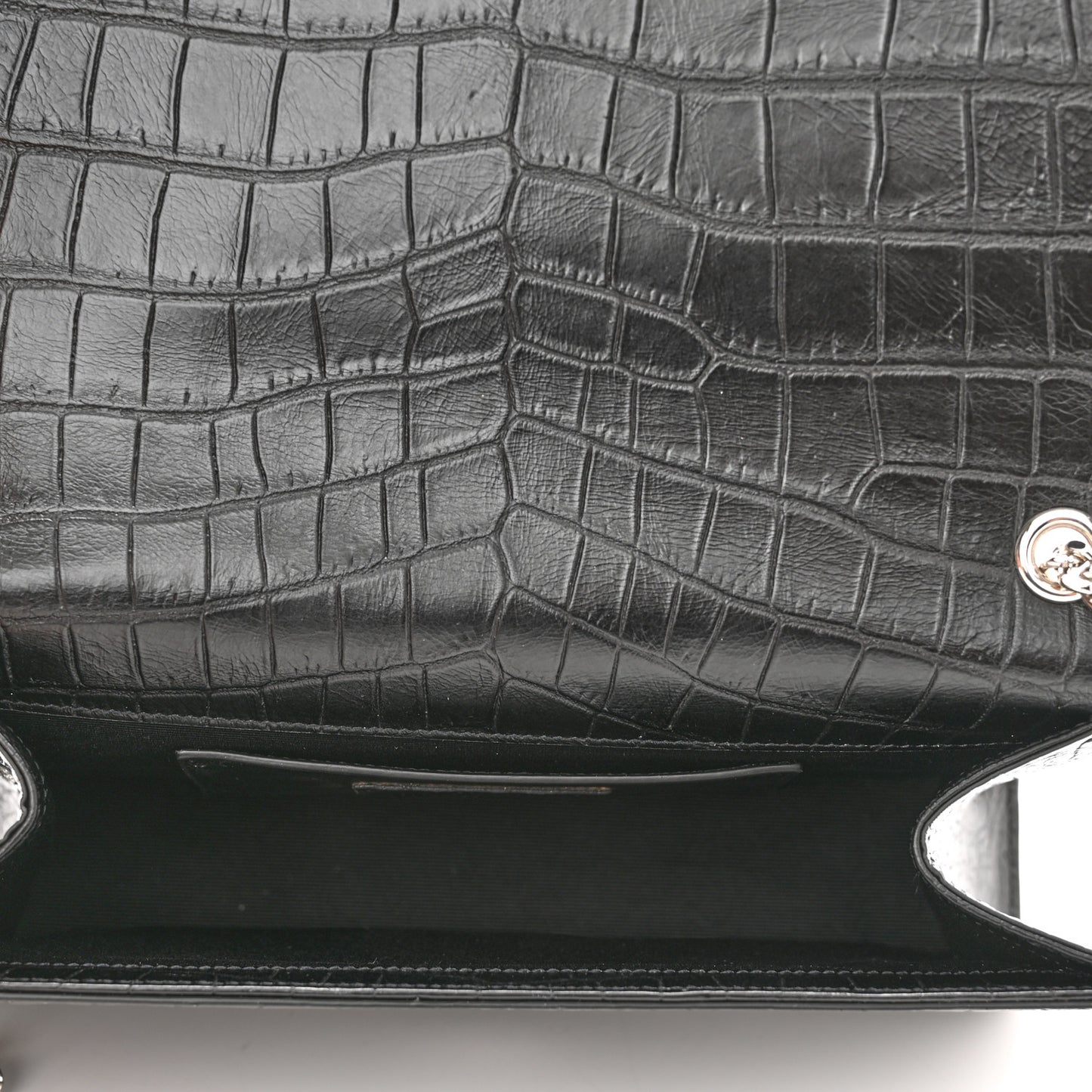 Calfskin Crocodile Embossed Medium Classic Monogram Kate Tassel Satchel Black