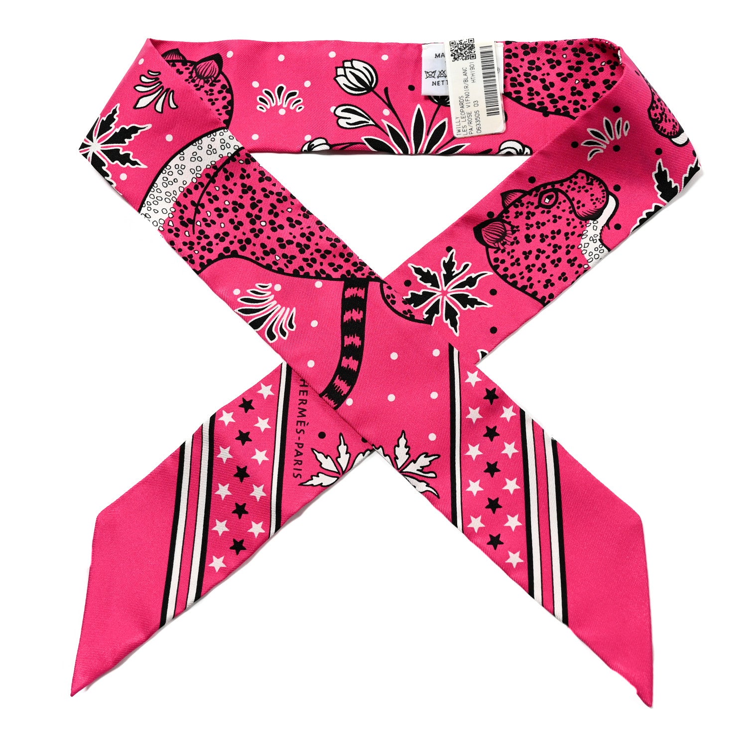 Hermes Silk Les Leopards Twilly Rose Vif Black White 1 of 4