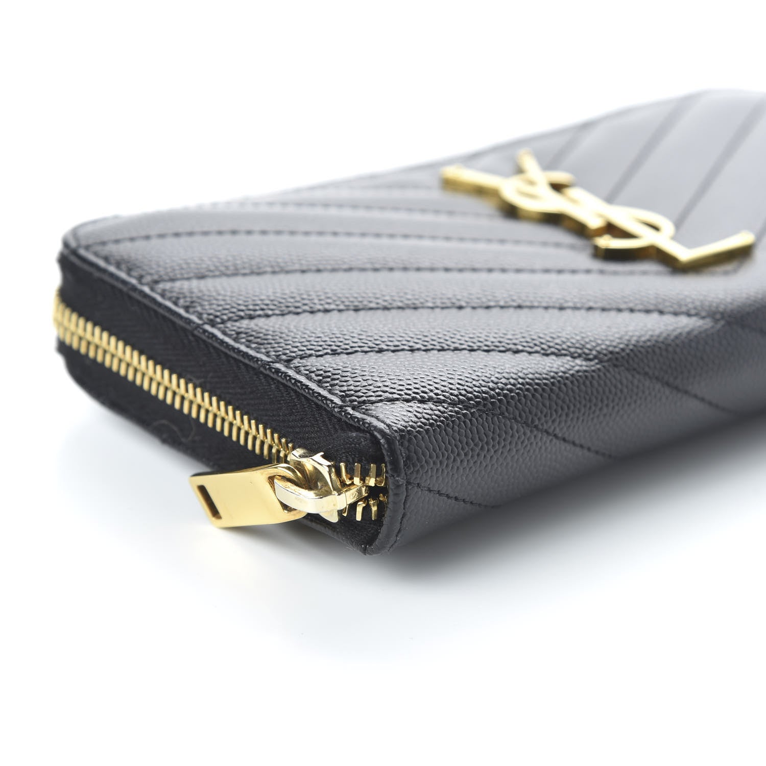 Saint Laurent Grain De Poudre Matelasse Chevron Monogram Zip Around Wallet Black 6 of 10