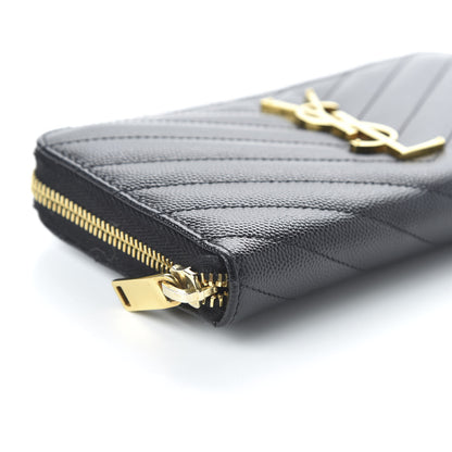 Saint Laurent Grain De Poudre Matelasse Chevron Monogram Zip Around Wallet Black 6 of 10