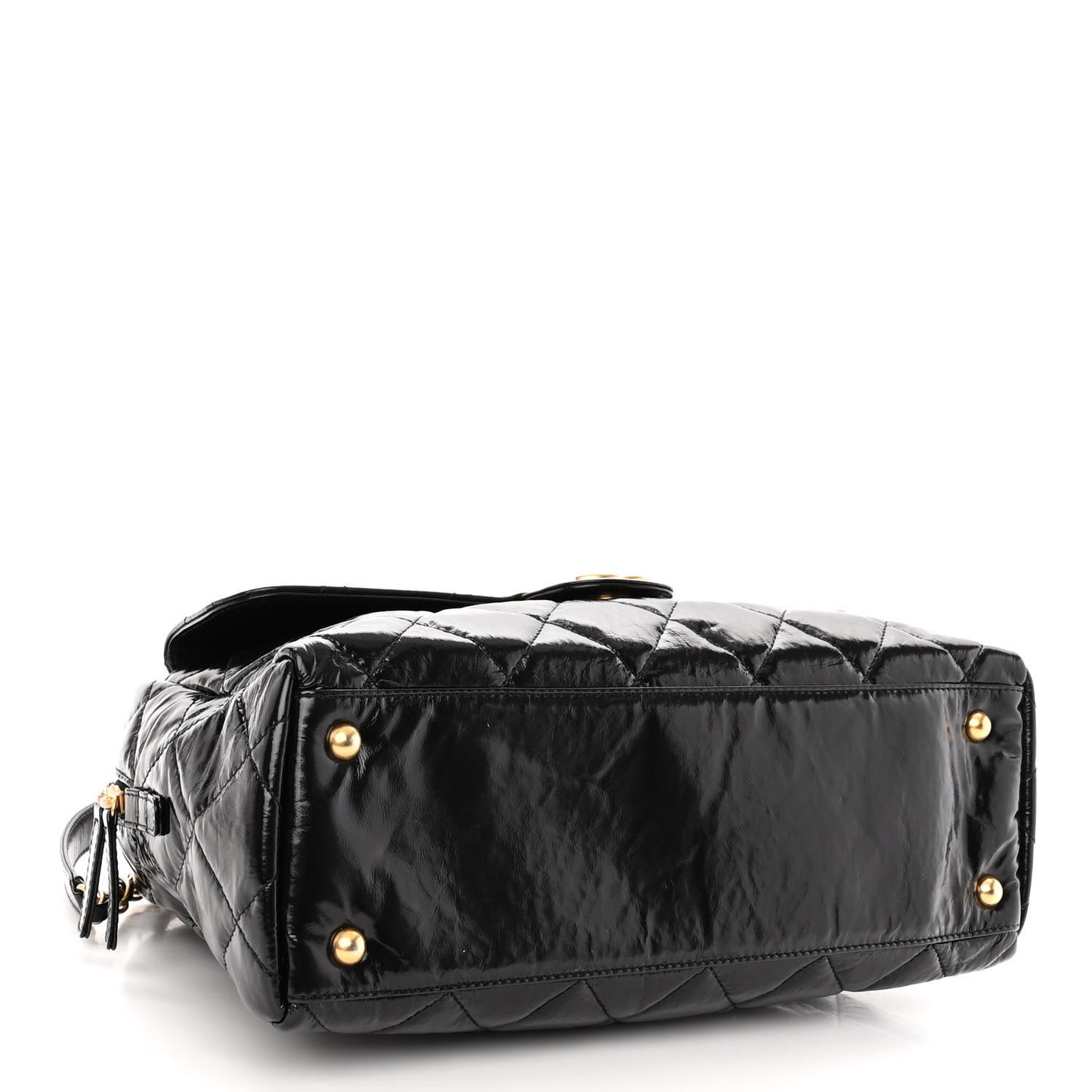 Shiny Crumpled Calfskin Quilted Large Bowling Bag Black