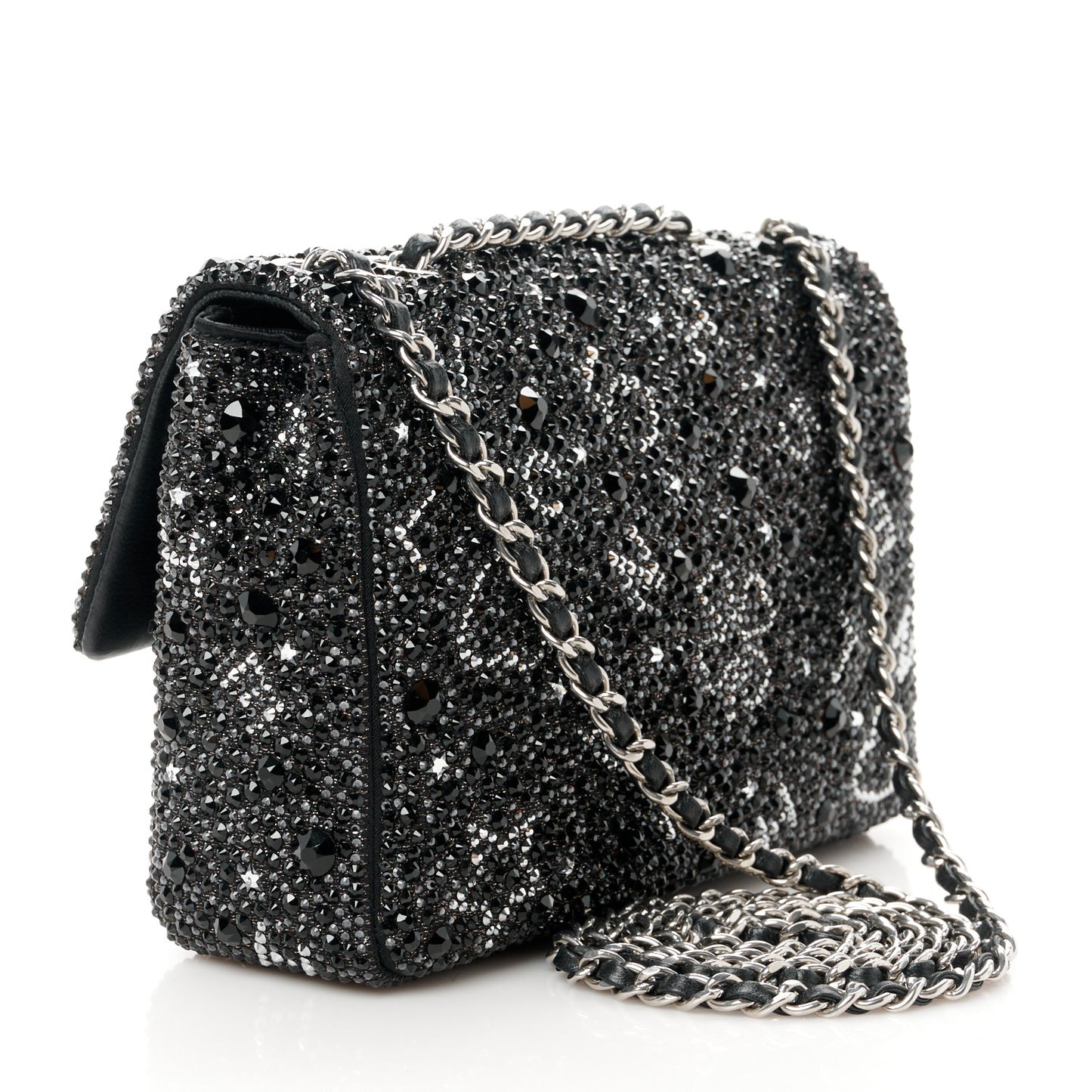 Satin Diamante Lucky Symbols Evening Flap Bag Black