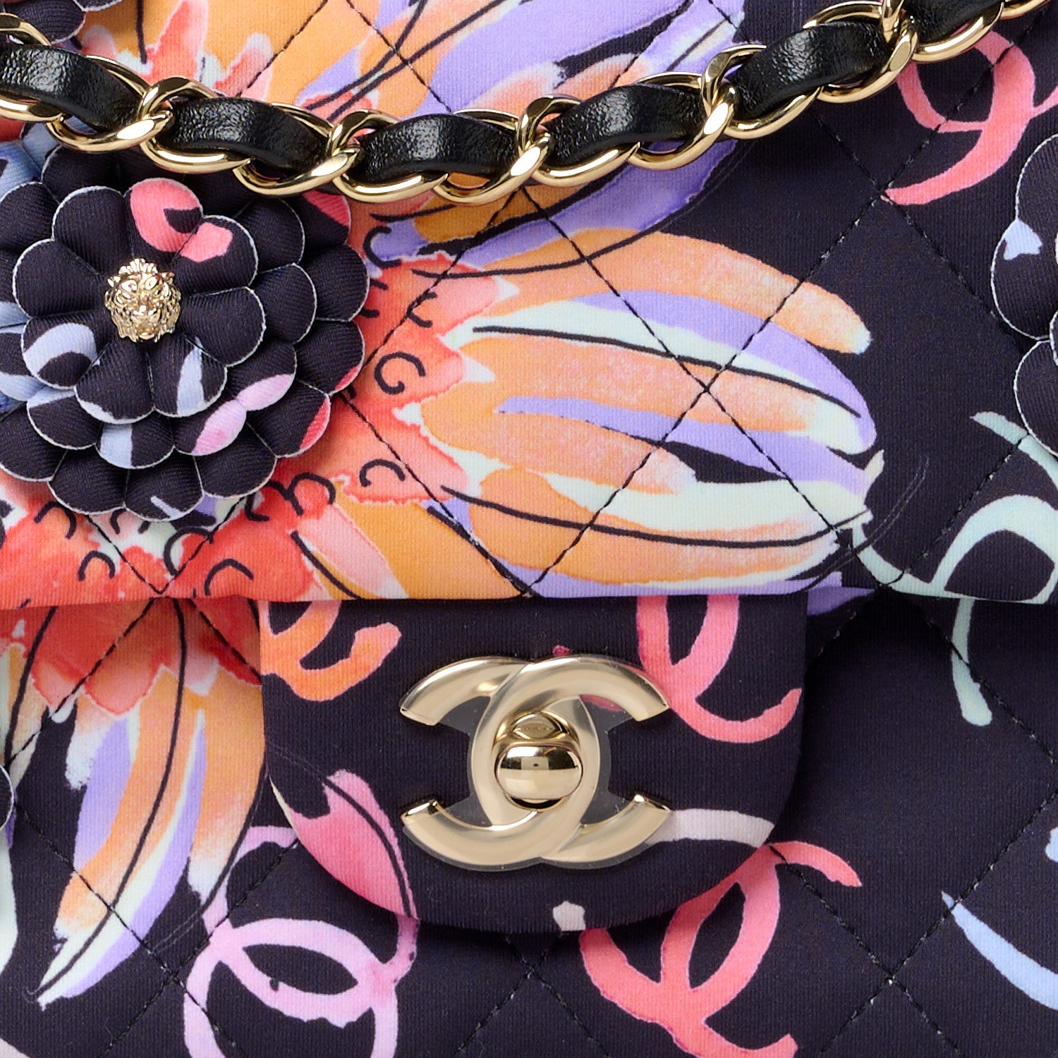 Chanel Printed Fabric Quilted Camellia Flap Black Multicolor 9 of 11
