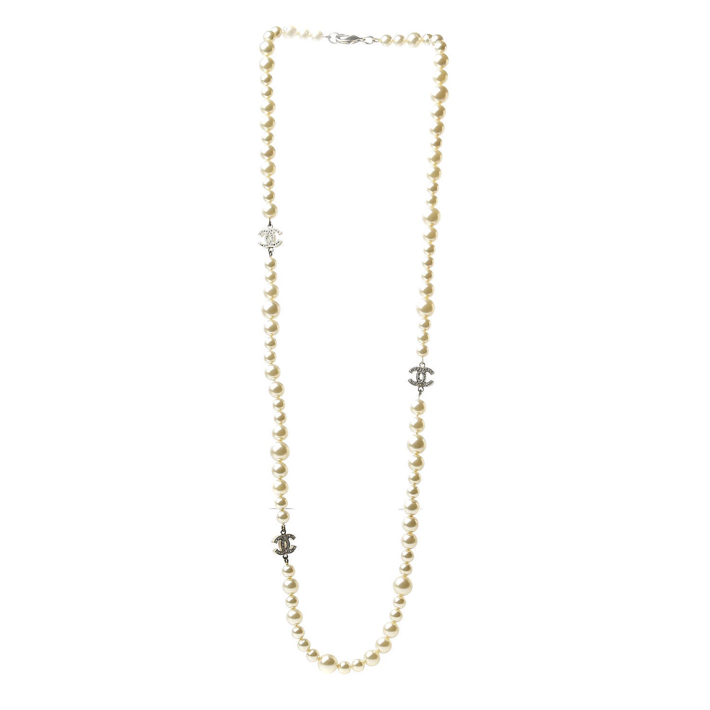 Graduated Pearl Crystal CC Long Necklace Gold