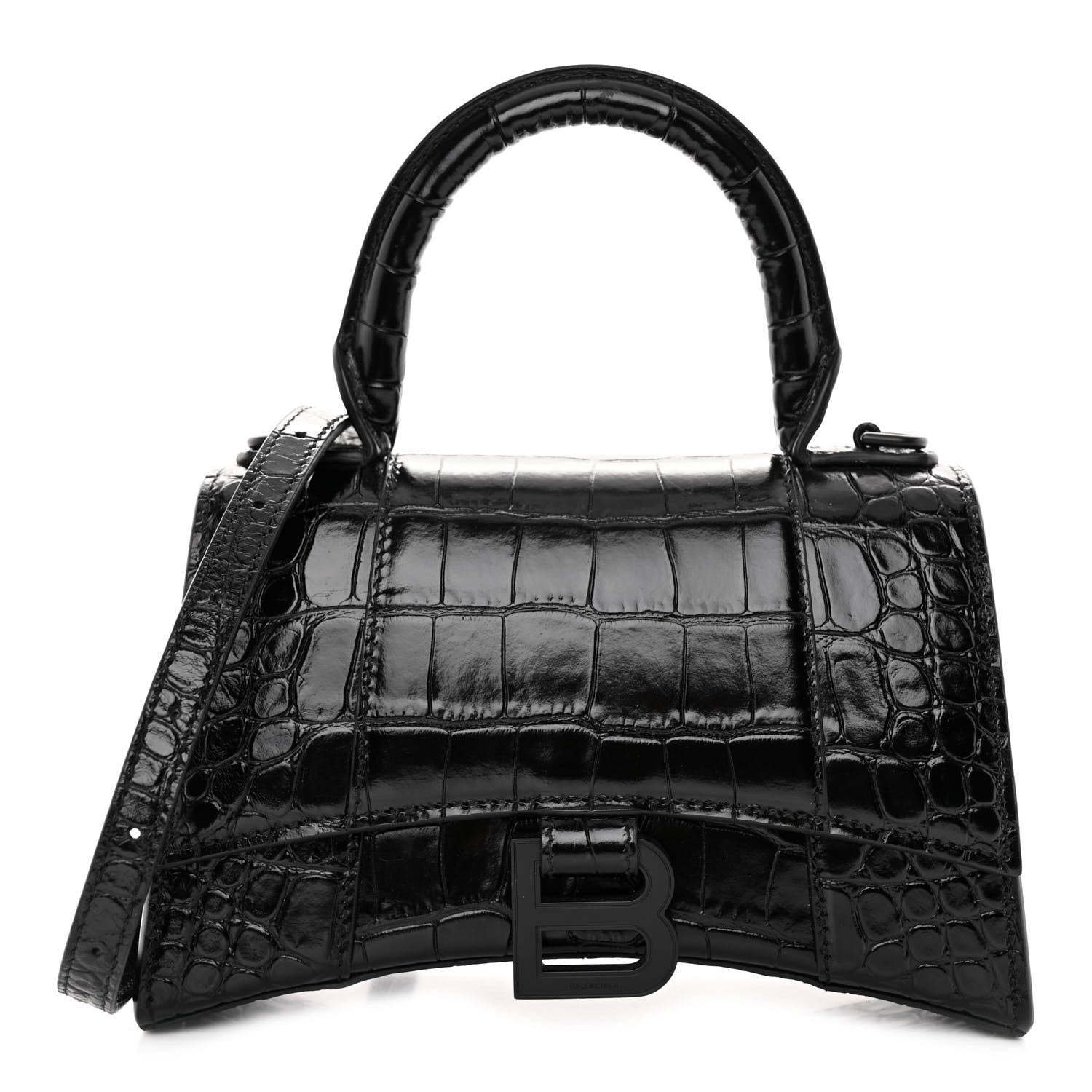 Balenciaga Shiny Calfskin Monochrome Crocodile Embossed Hourglass Top Handle Bag XS Black 1 of 10