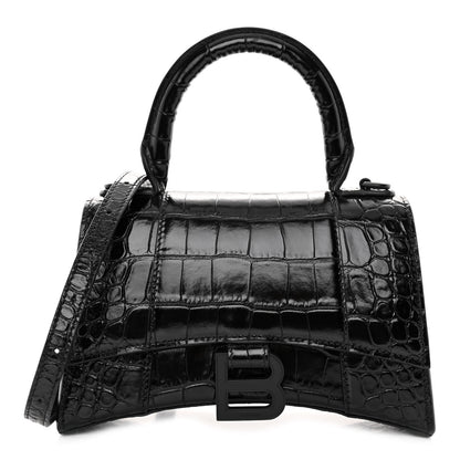 Balenciaga Shiny Calfskin Monochrome Crocodile Embossed Hourglass Top Handle Bag XS Black 1 of 10