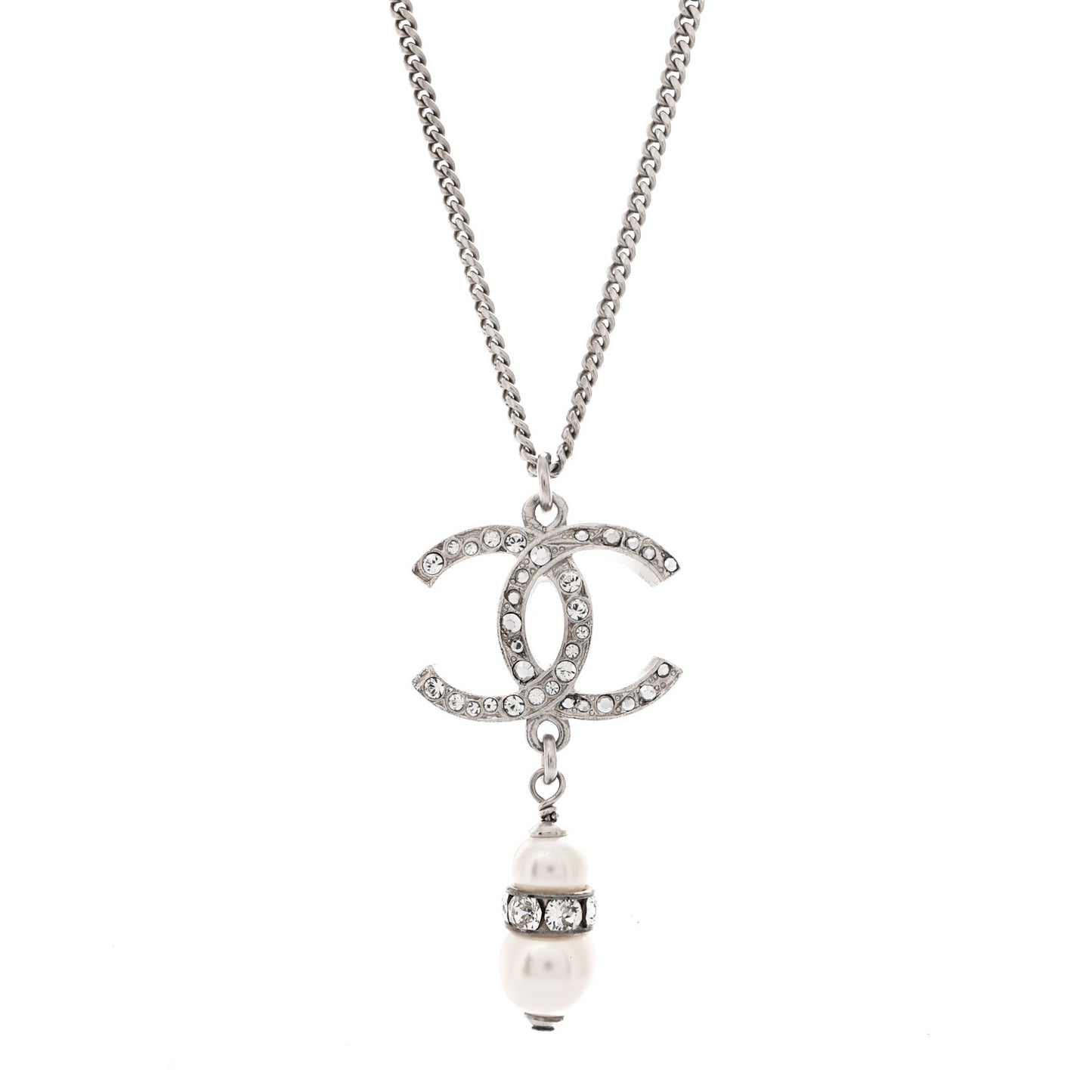 Crystal Pearl CC Necklace Silver