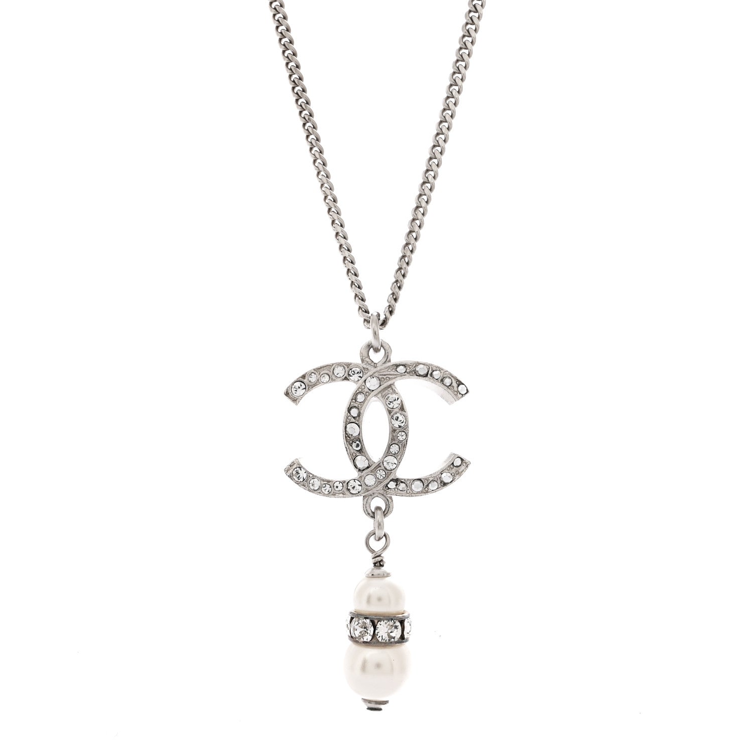 Chanel Crystal Pearl CC Necklace Silver 4 of 6