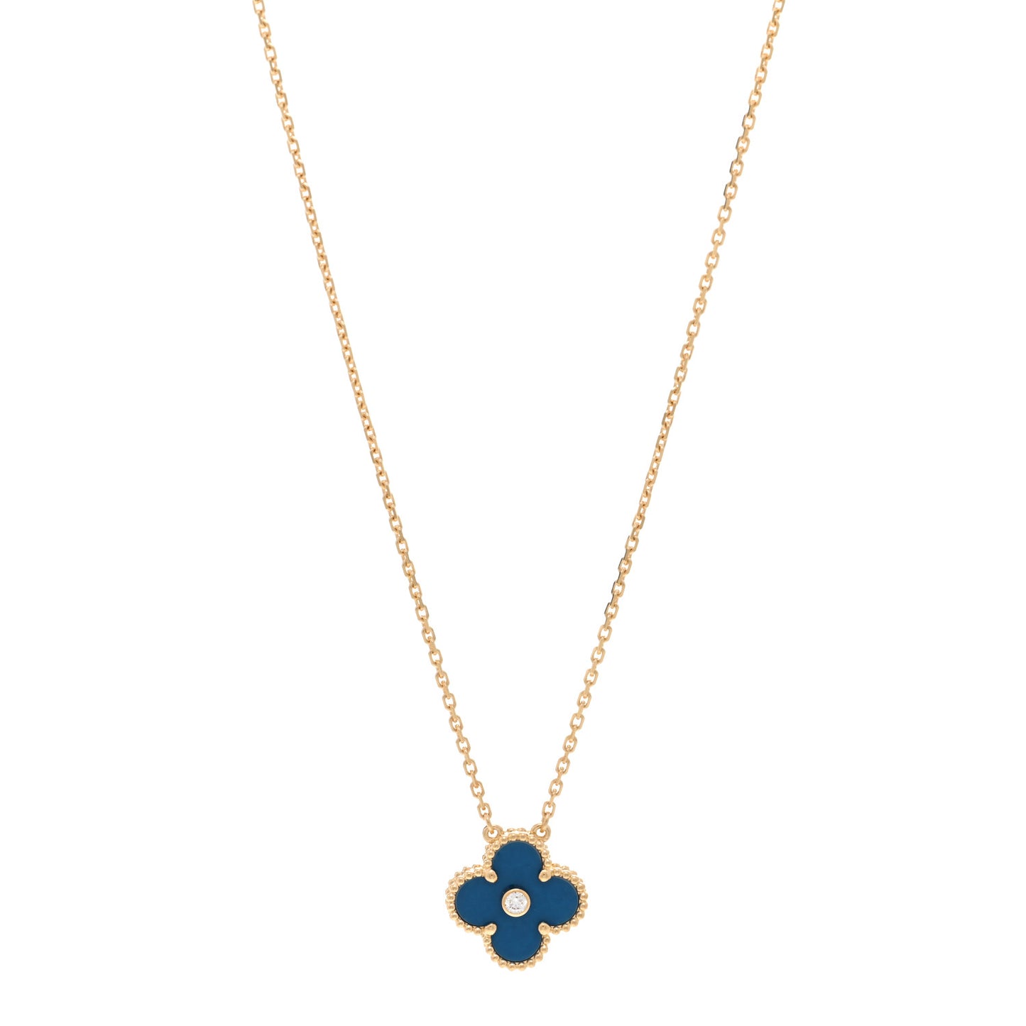 18K Yellow Gold Diamond Celestial Blue Sevres Porcelain Vintage Alhambra Pendant Necklace