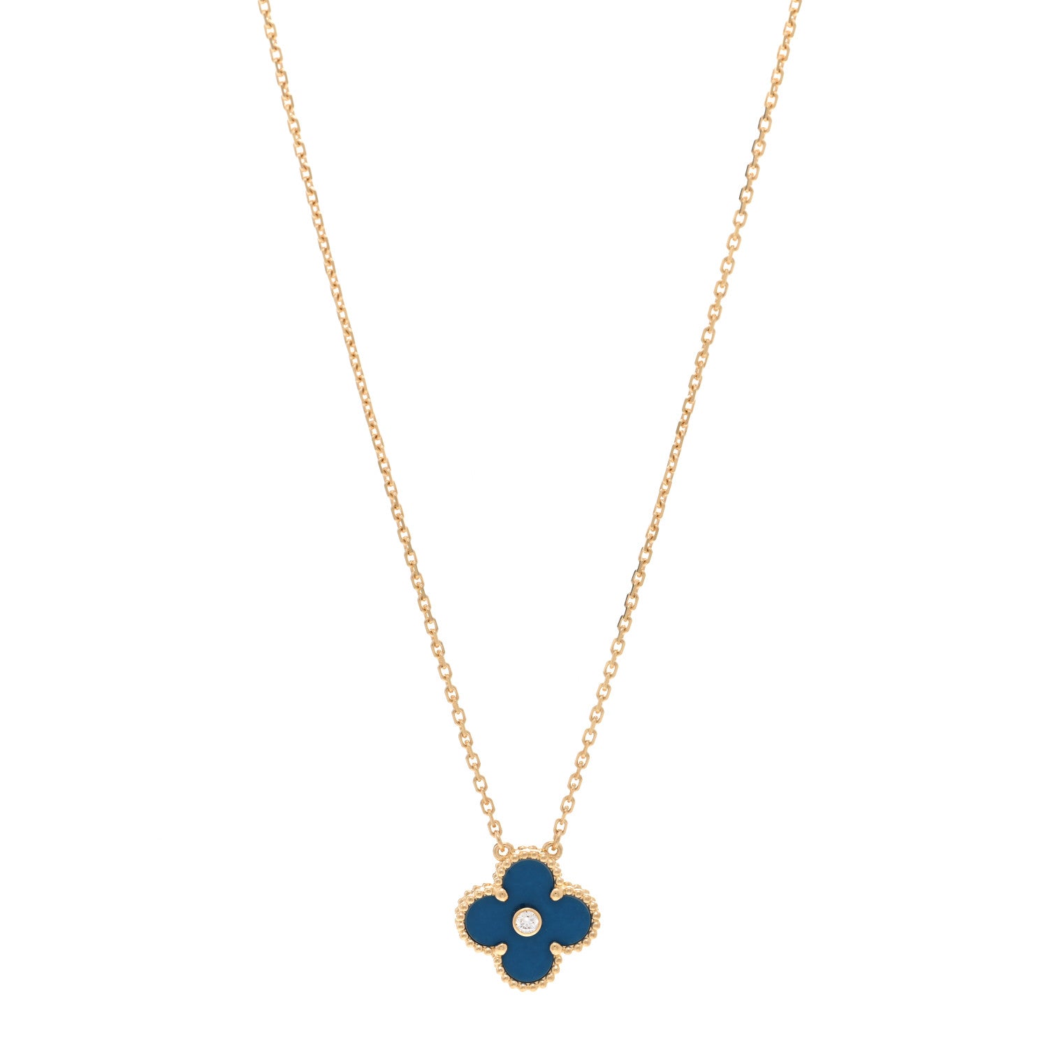 Van Cleef & Arpels 18K Yellow Gold Diamond Celestial Blue Sevres Porcelain Vintage Alhambra Pendant Necklace 1 of 6