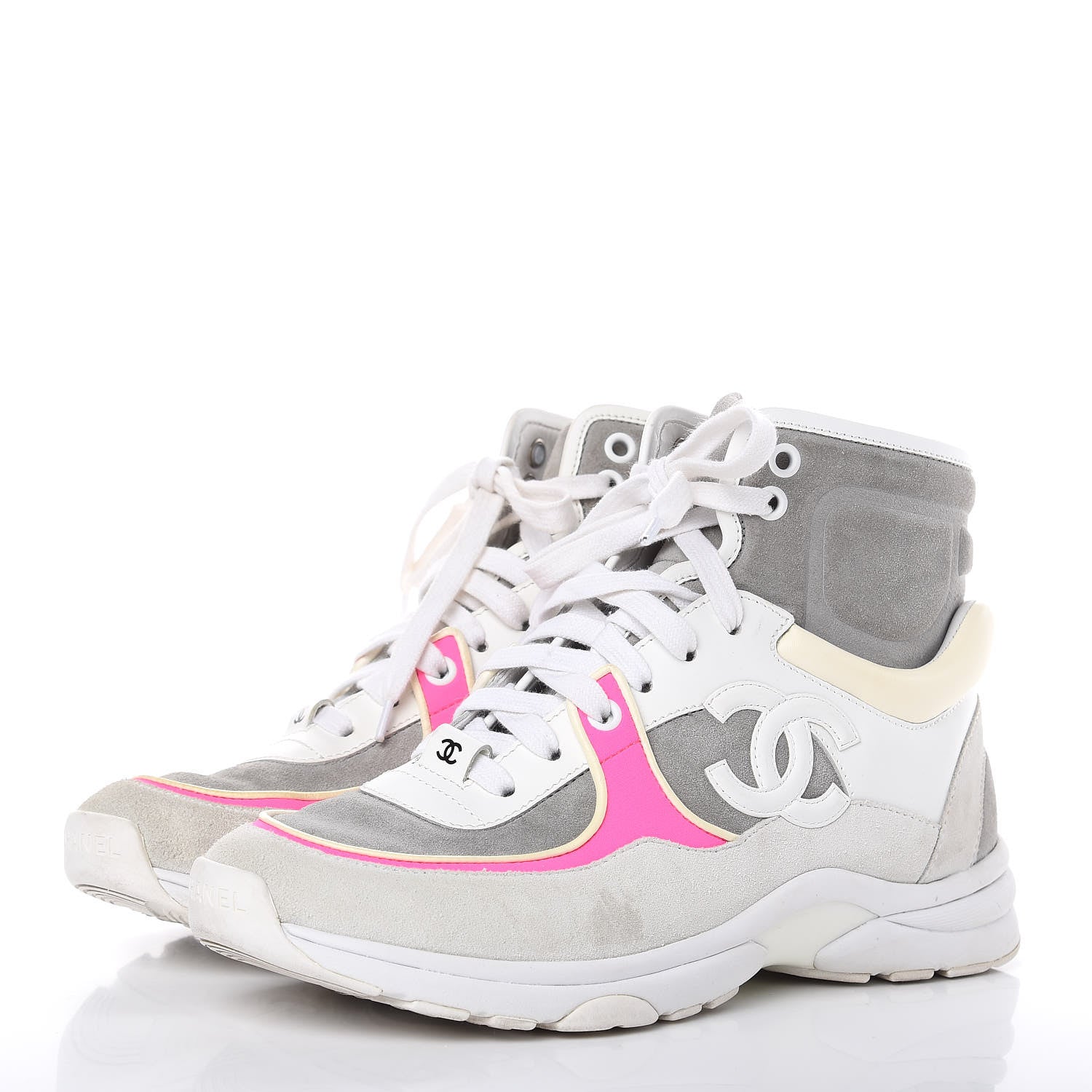 Chanel Suede Calfskin Lambskin Neoprene High Top CC Sneakers 37 White Grey Fluo Pink 2 of 11